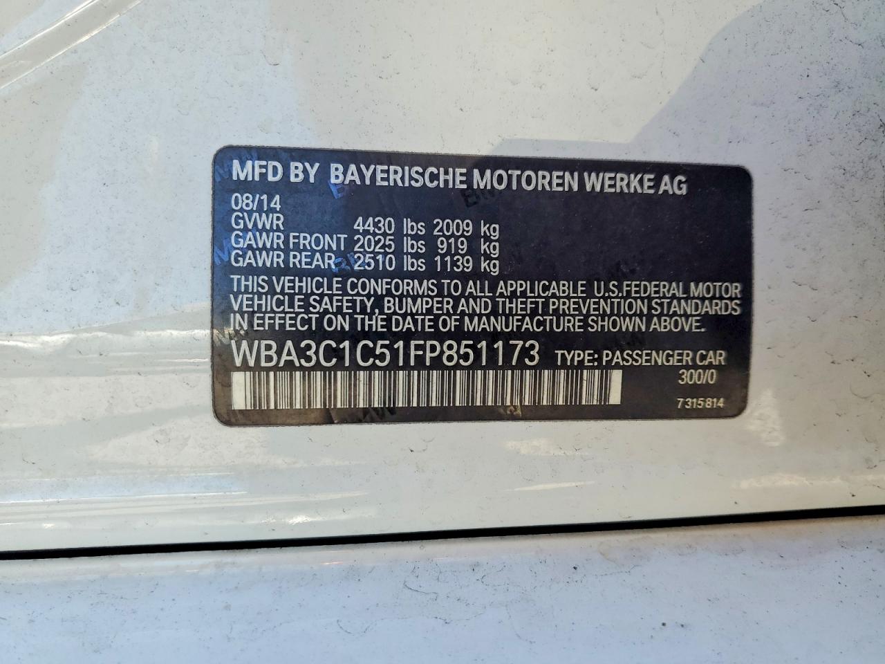 2015 Bmw 328 I Sulev Белый vin: WBA3C1C51FP851173