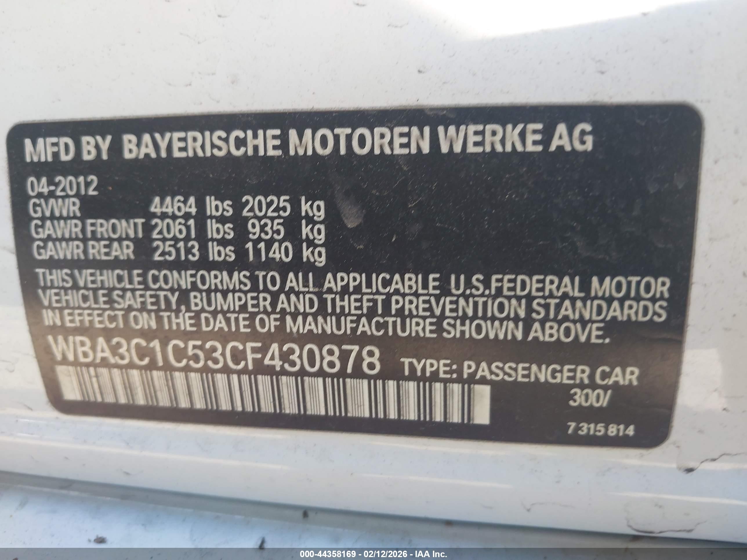 2012 Bmw 328i   White vin: WBA3C1C53CF430878
