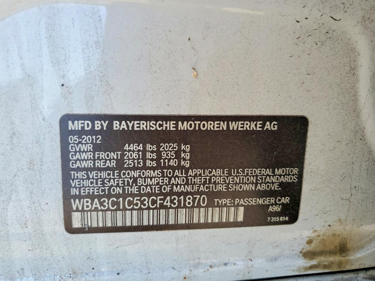 2012 Bmw 328 I Sulev Белый vin: WBA3C1C53CF431870