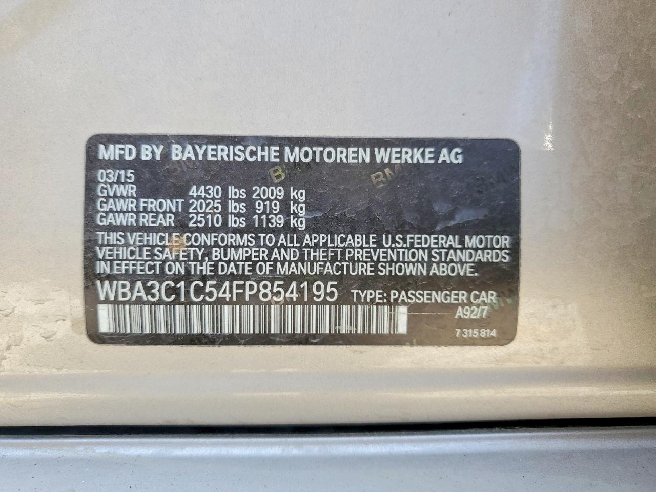 2015 Bmw 328 I Sulev Tan vin: WBA3C1C54FP854195