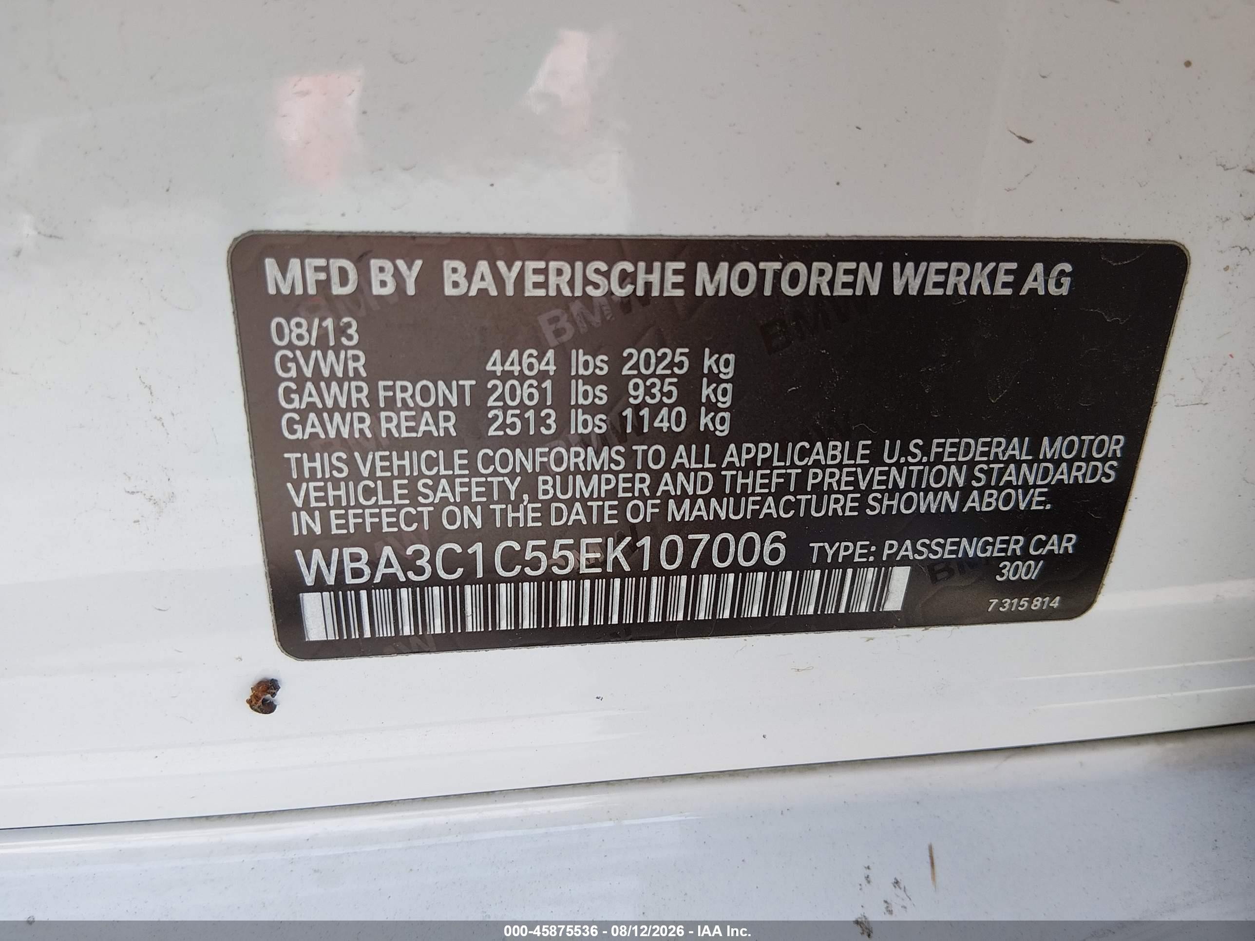 2014 Bmw 328i   White vin: WBA3C1C55EK107006