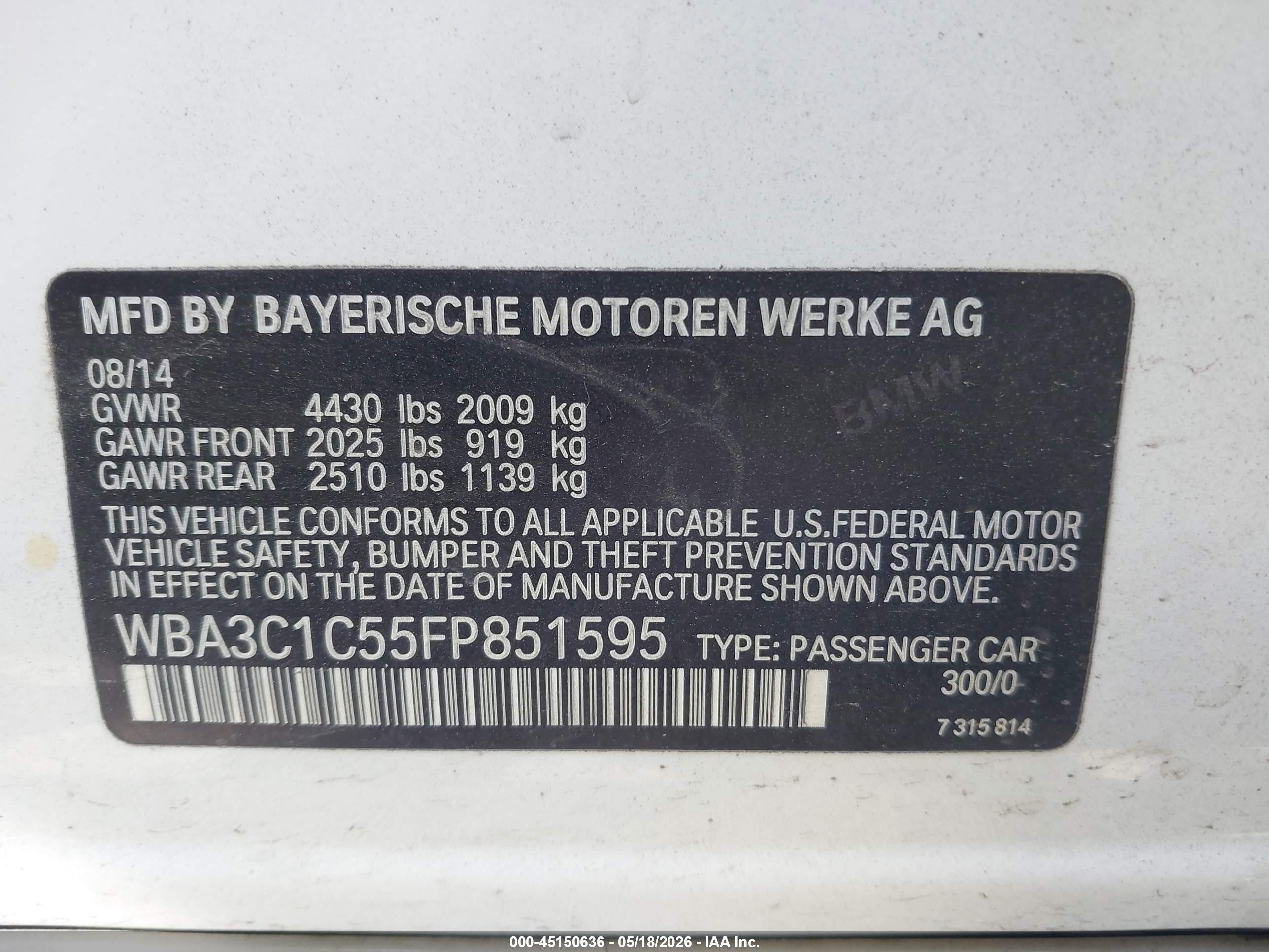 2015 Bmw 328i   White vin: WBA3C1C55FP851595