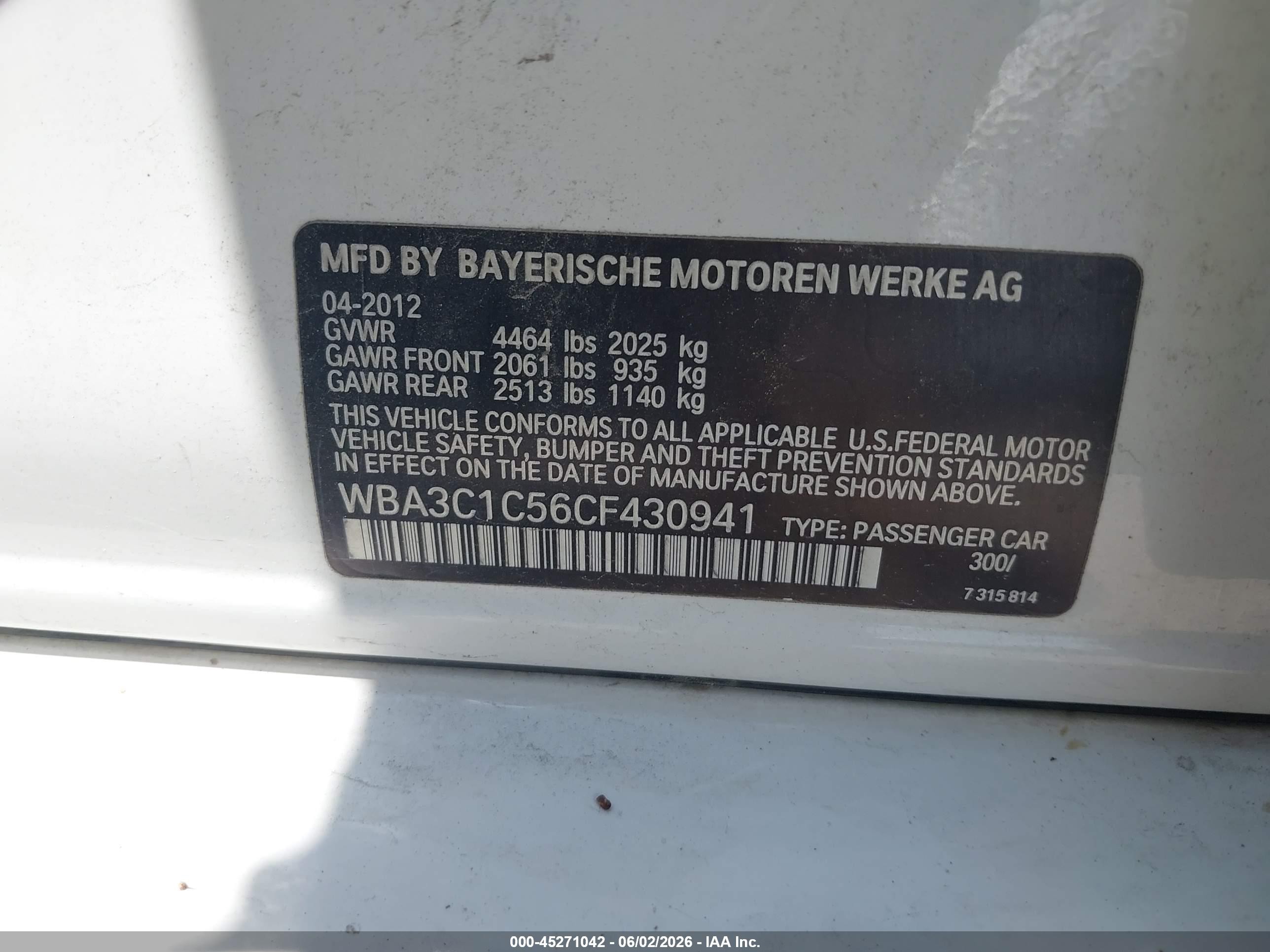 2012 Bmw 328i   White vin: WBA3C1C56CF430941
