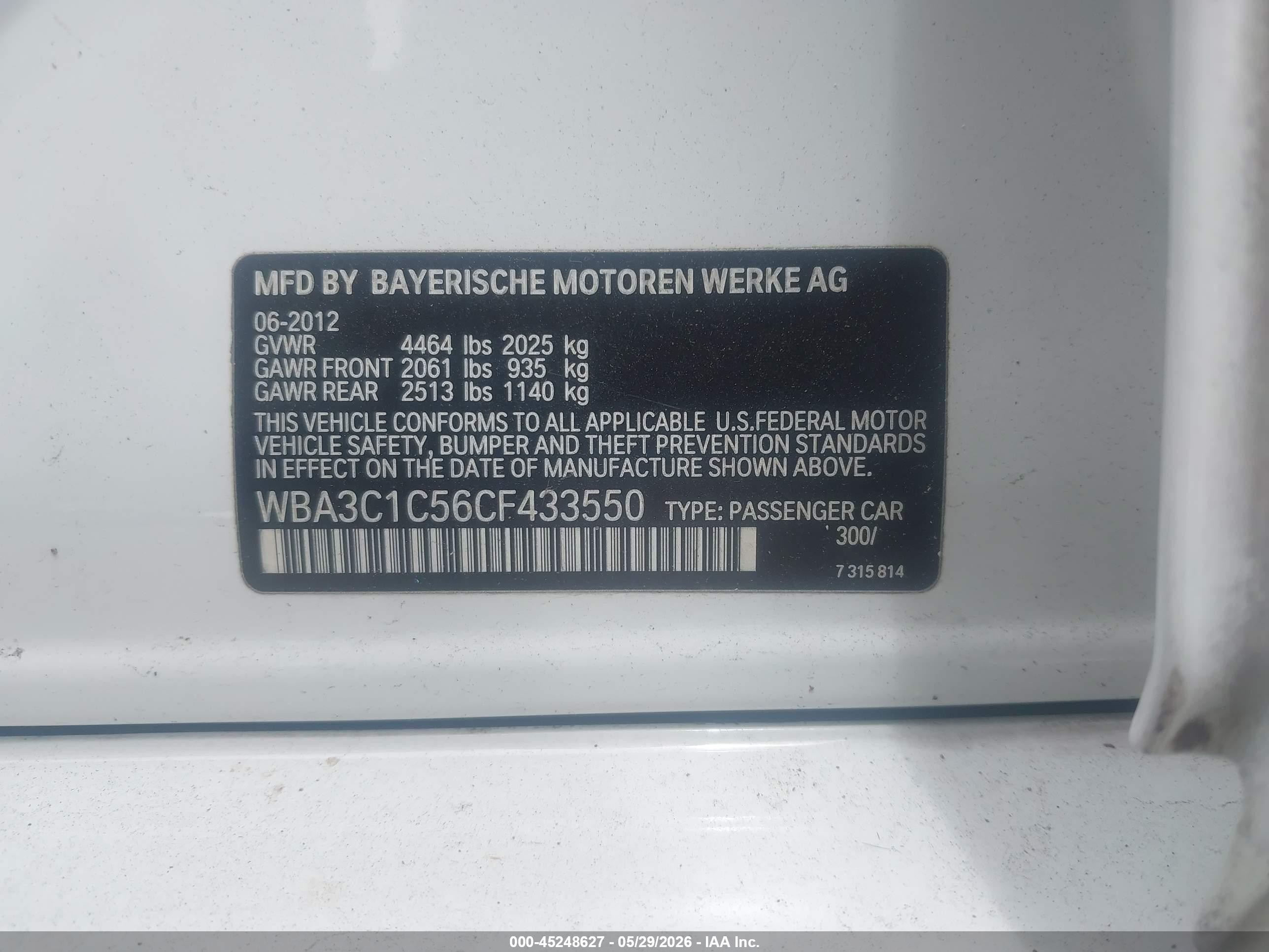 2012 Bmw 328i   White vin: WBA3C1C56CF433550