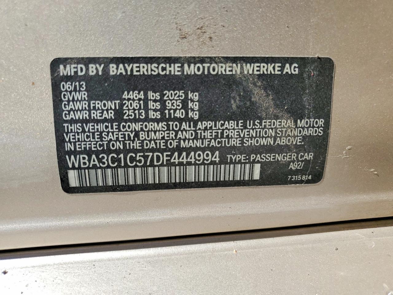 2013 Bmw 328 I Sulev Gold vin: WBA3C1C57DF444994