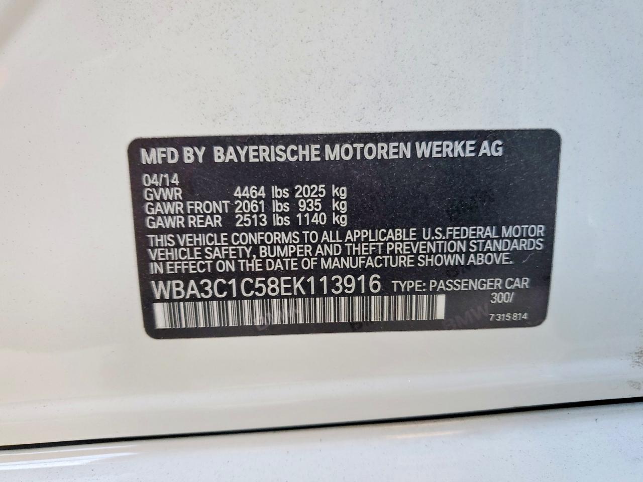 2014 Bmw 328 I Sulev White vin: WBA3C1C58EK113916