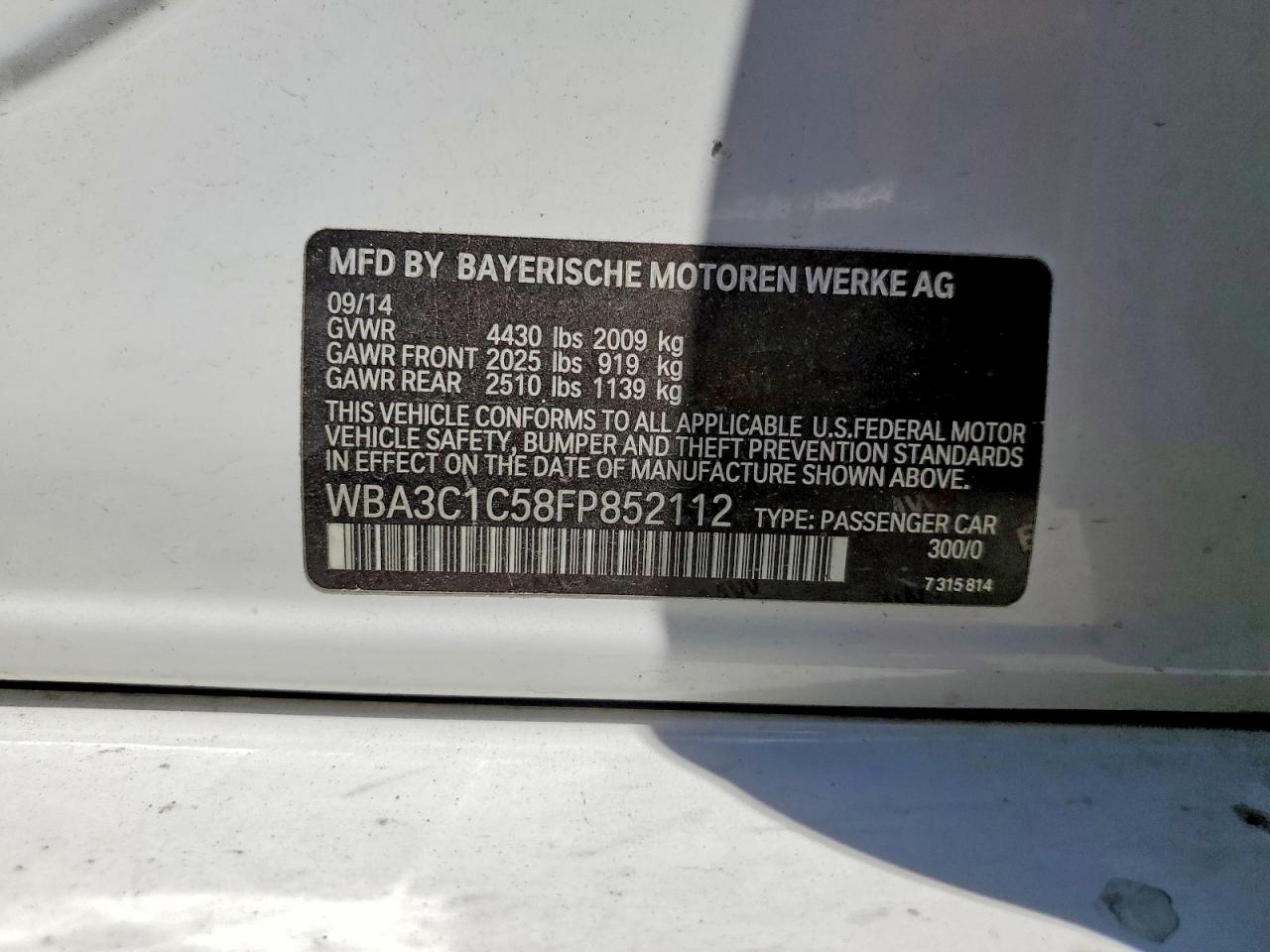 2015 Bmw 328 I Sulev White vin: WBA3C1C58FP852112