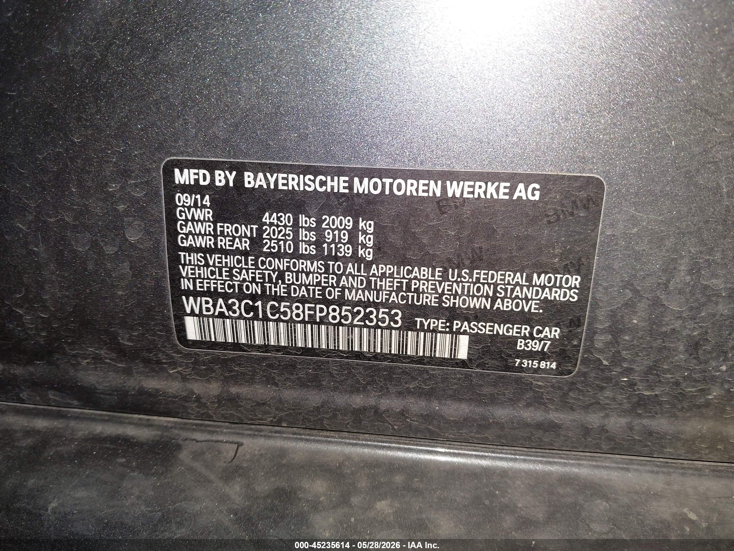2015 Bmw 328i   Gray vin: WBA3C1C58FP852353