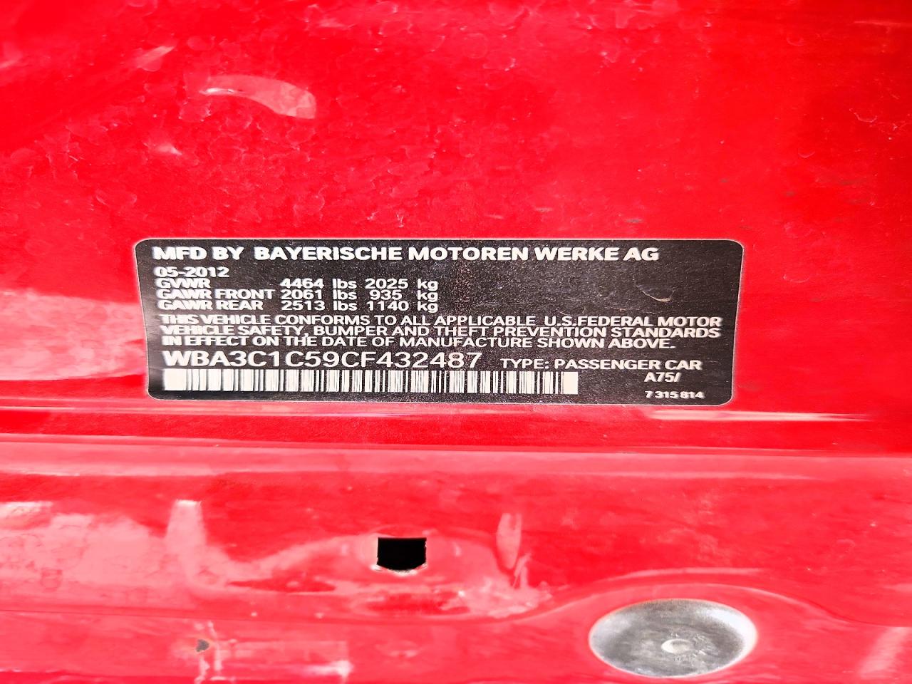 2012 Bmw 328 I Sulev Red vin: WBA3C1C59CF432487