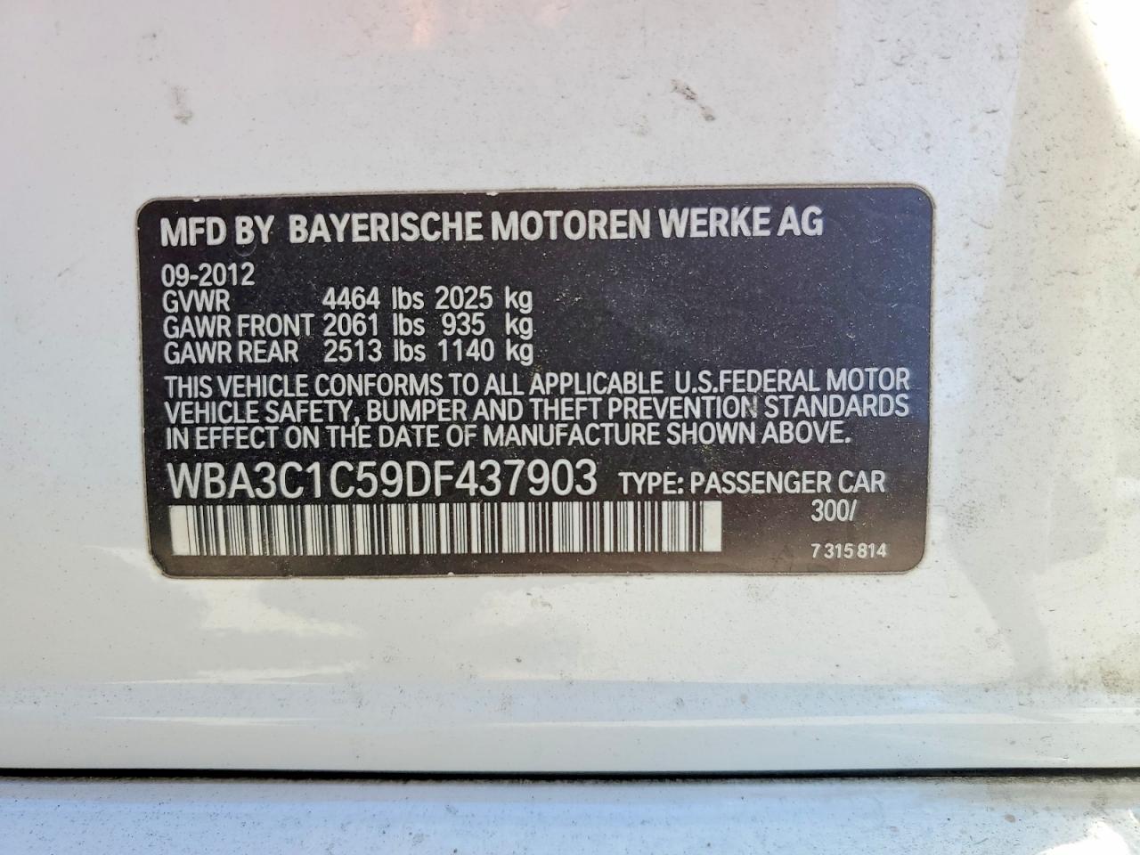 2013 Bmw 328 I Sulev Белый vin: WBA3C1C59DF437903