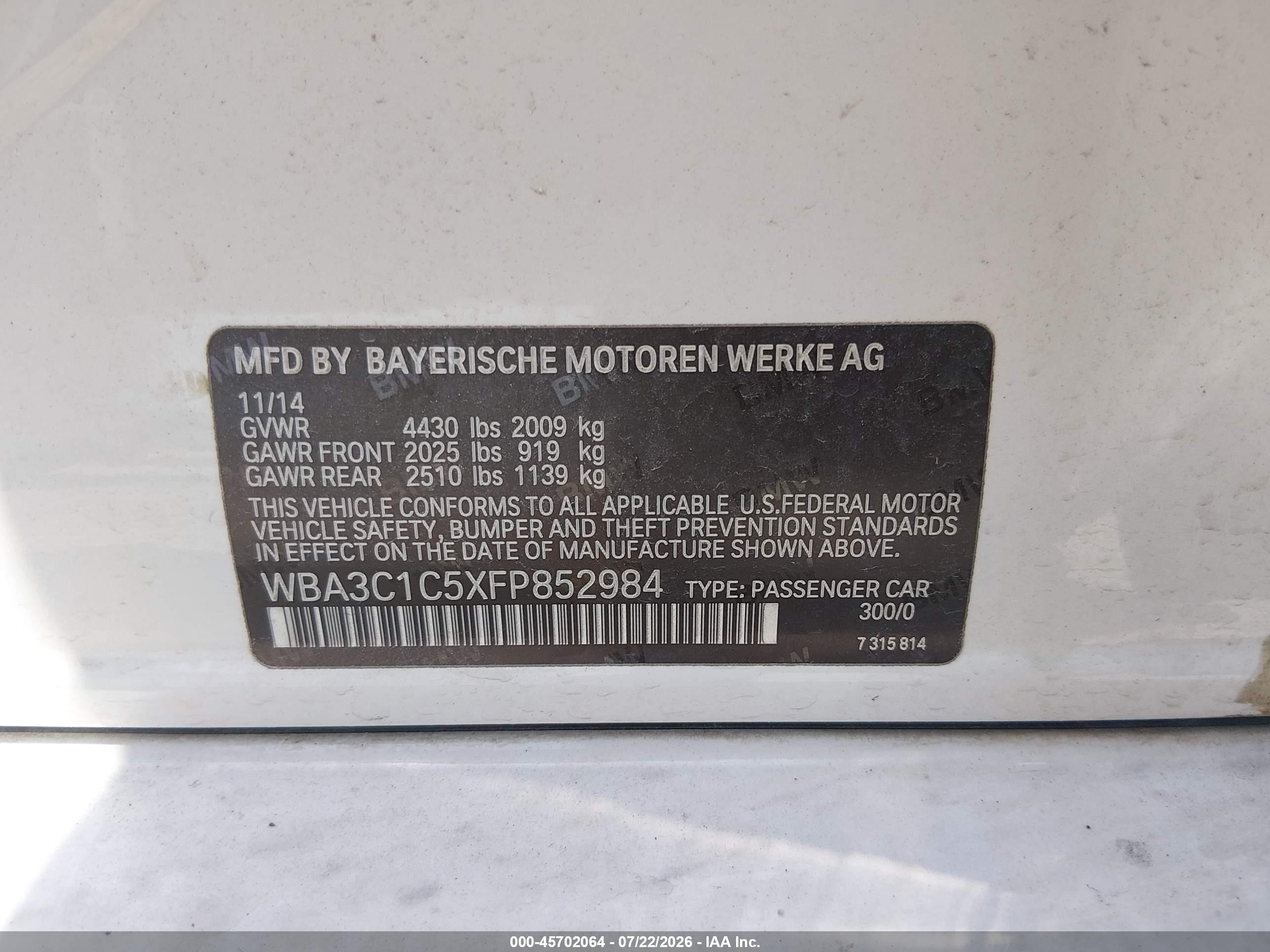 2015 Bmw 328i Белый vin: WBA3C1C5XFP852984