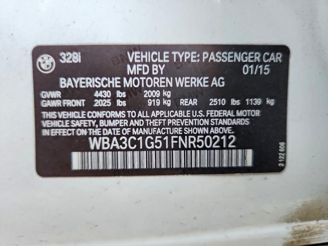 2015 Bmw 328 I Sulev White vin: WBA3C1G51FNR50212