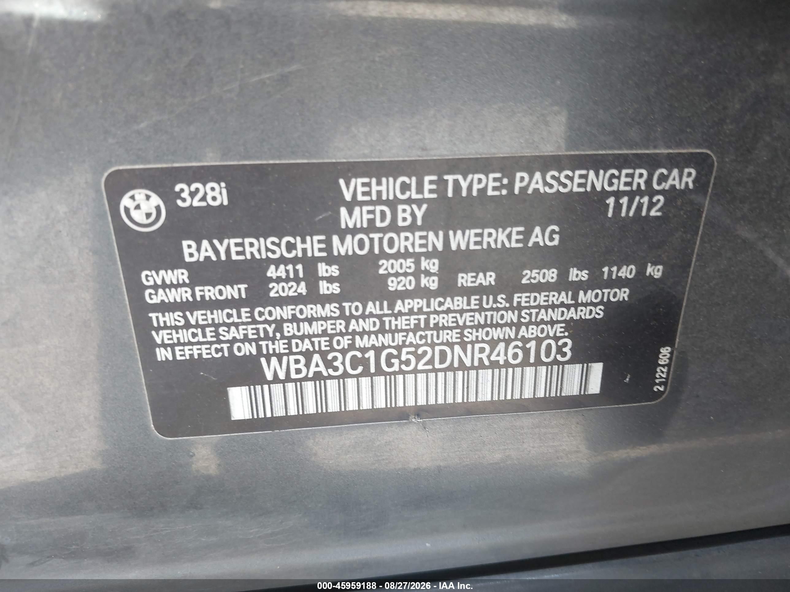 2013 Bmw 328i   Gray vin: WBA3C1G52DNR46103