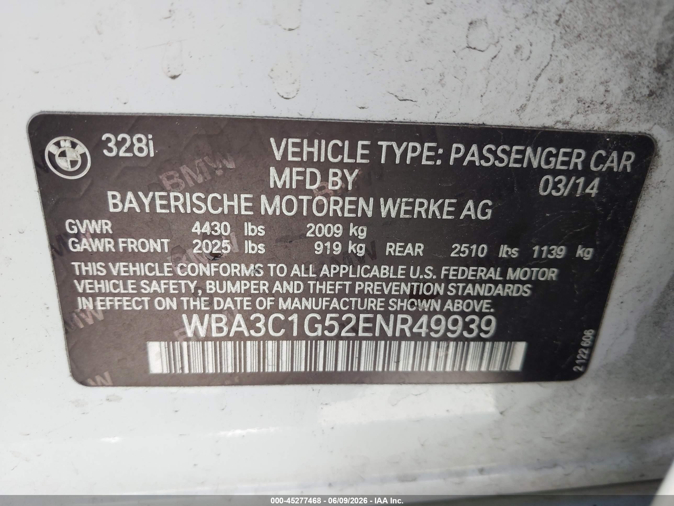 2014 Bmw 328i   White vin: WBA3C1G52ENR49939