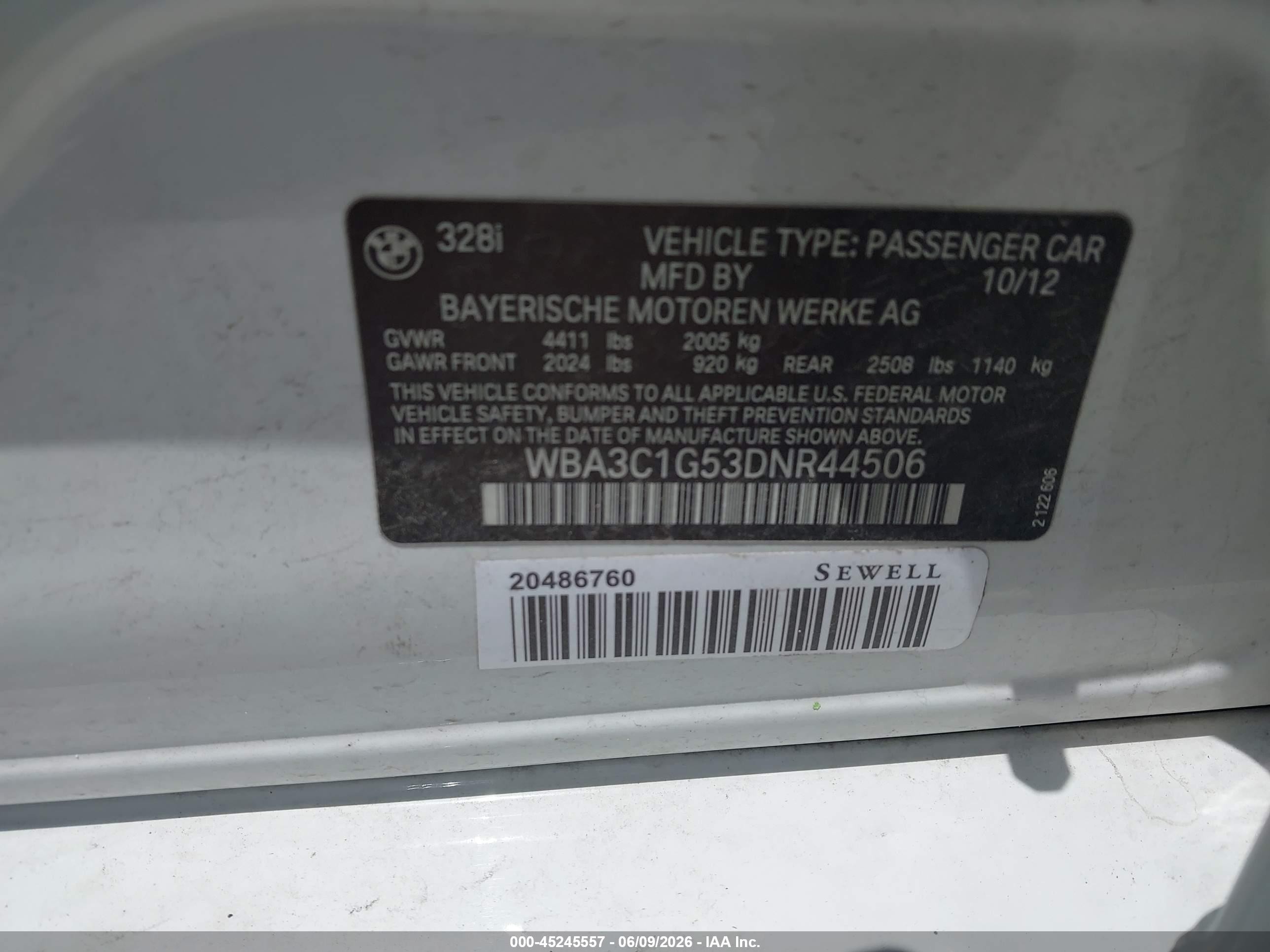 2013 Bmw 328i   Белый vin: WBA3C1G53DNR44506