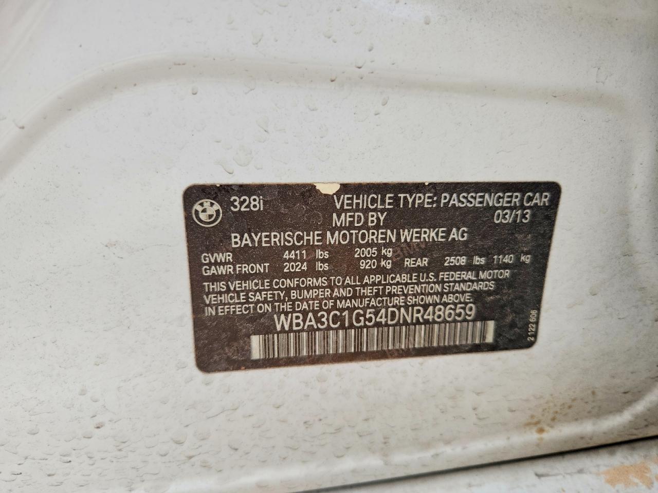 2013 Bmw 328 I Sulev White vin: WBA3C1G54DNR48659