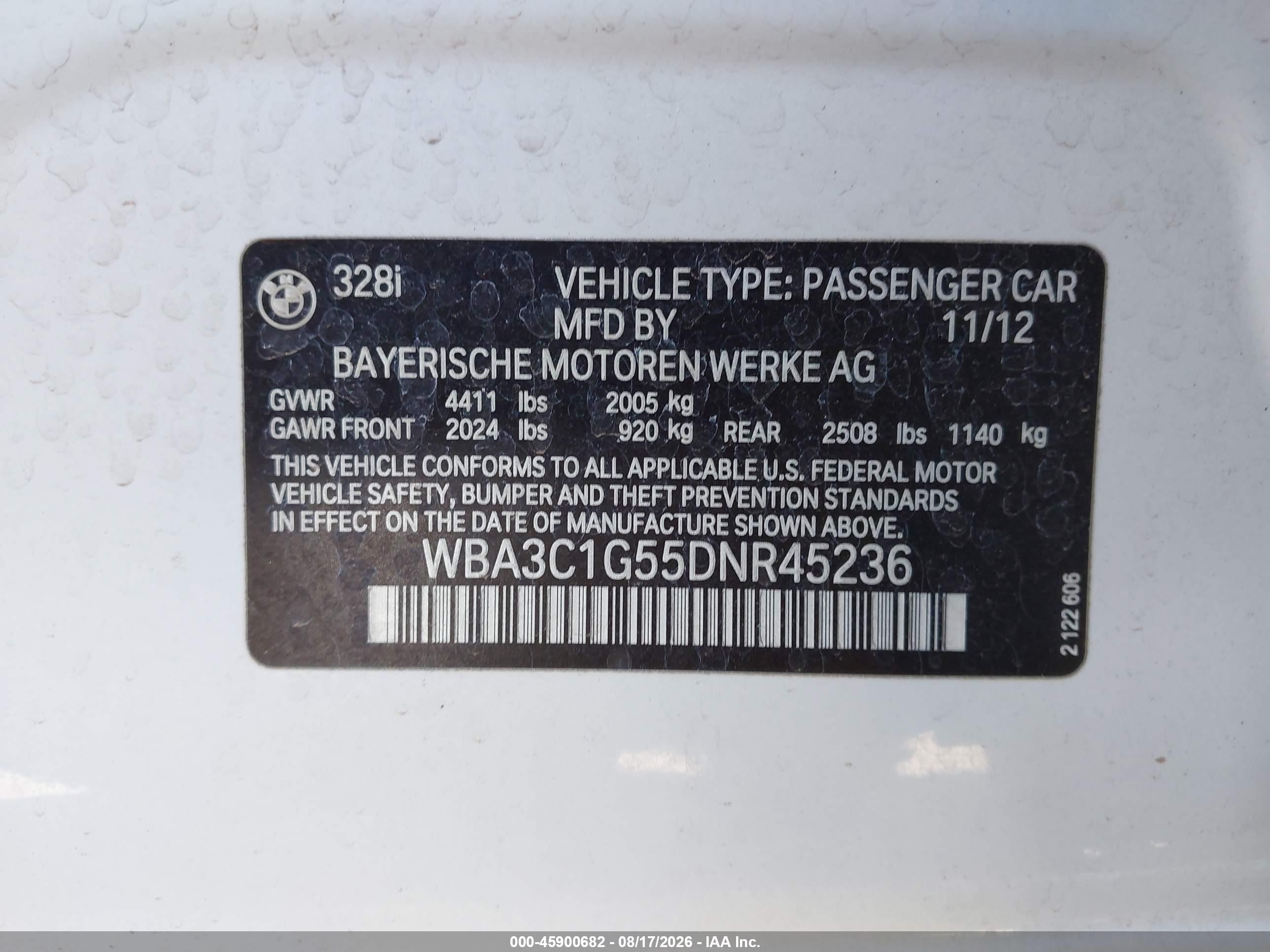 2013 Bmw 328i   White vin: WBA3C1G55DNR45236
