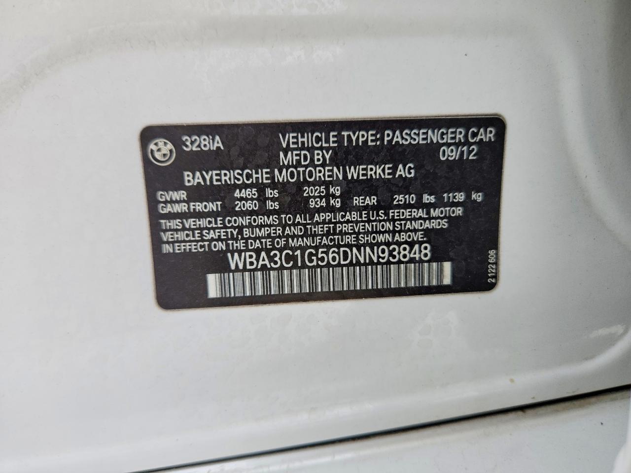 2013 Bmw 328 I Sulev White vin: WBA3C1G56DNN93848