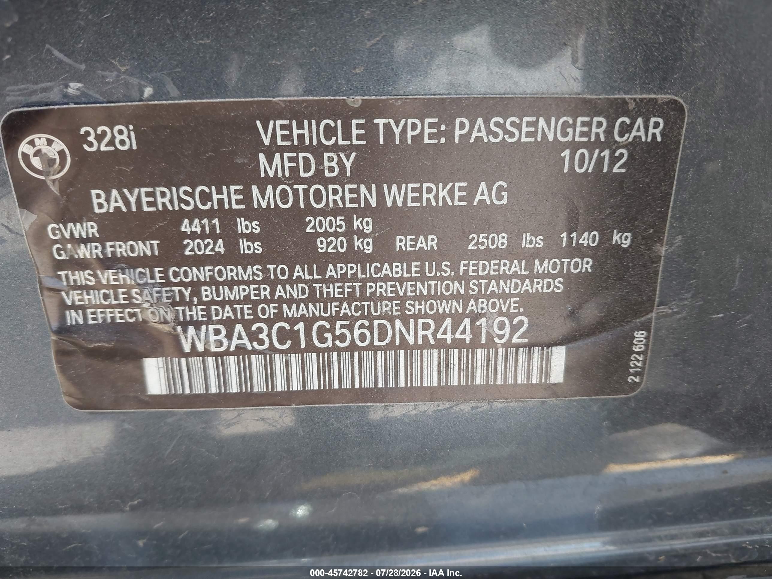 2013 Bmw 328i   Gray vin: WBA3C1G56DNR44192