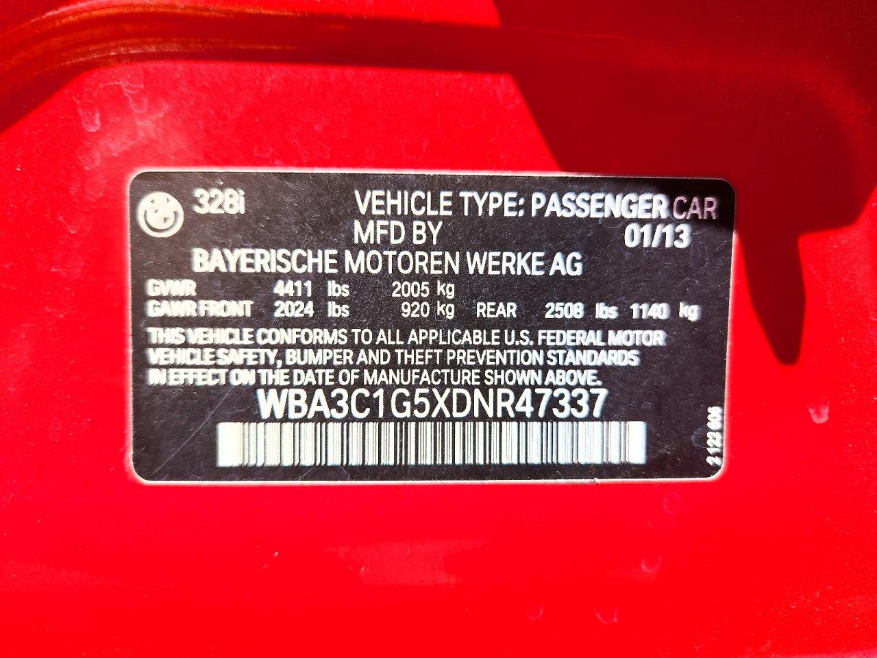 2013 Bmw 328 I Sulev Red vin: WBA3C1G5XDNR47337