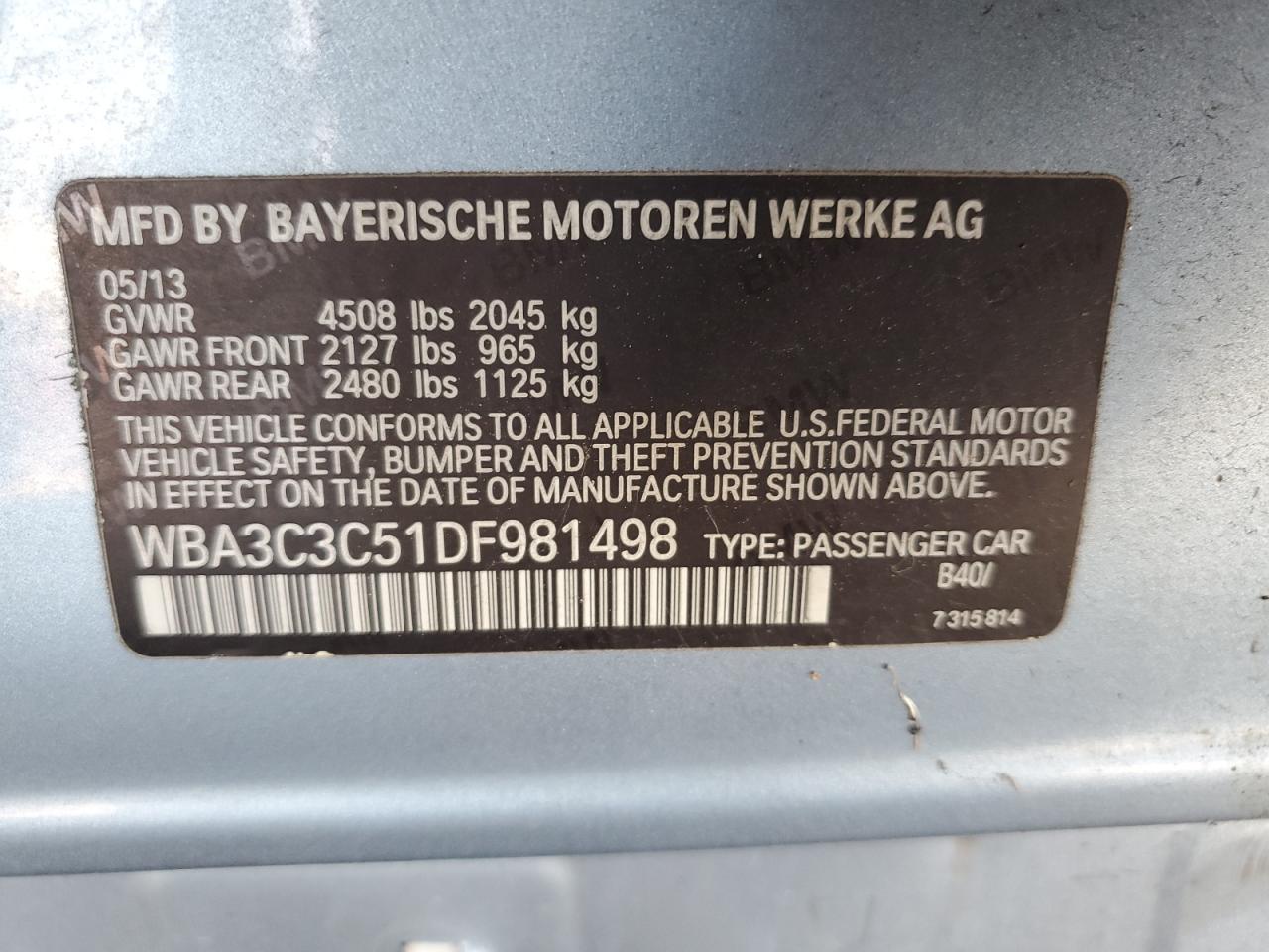 2013 Bmw 320 I Xdrive Синий vin: WBA3C3C51DF981498