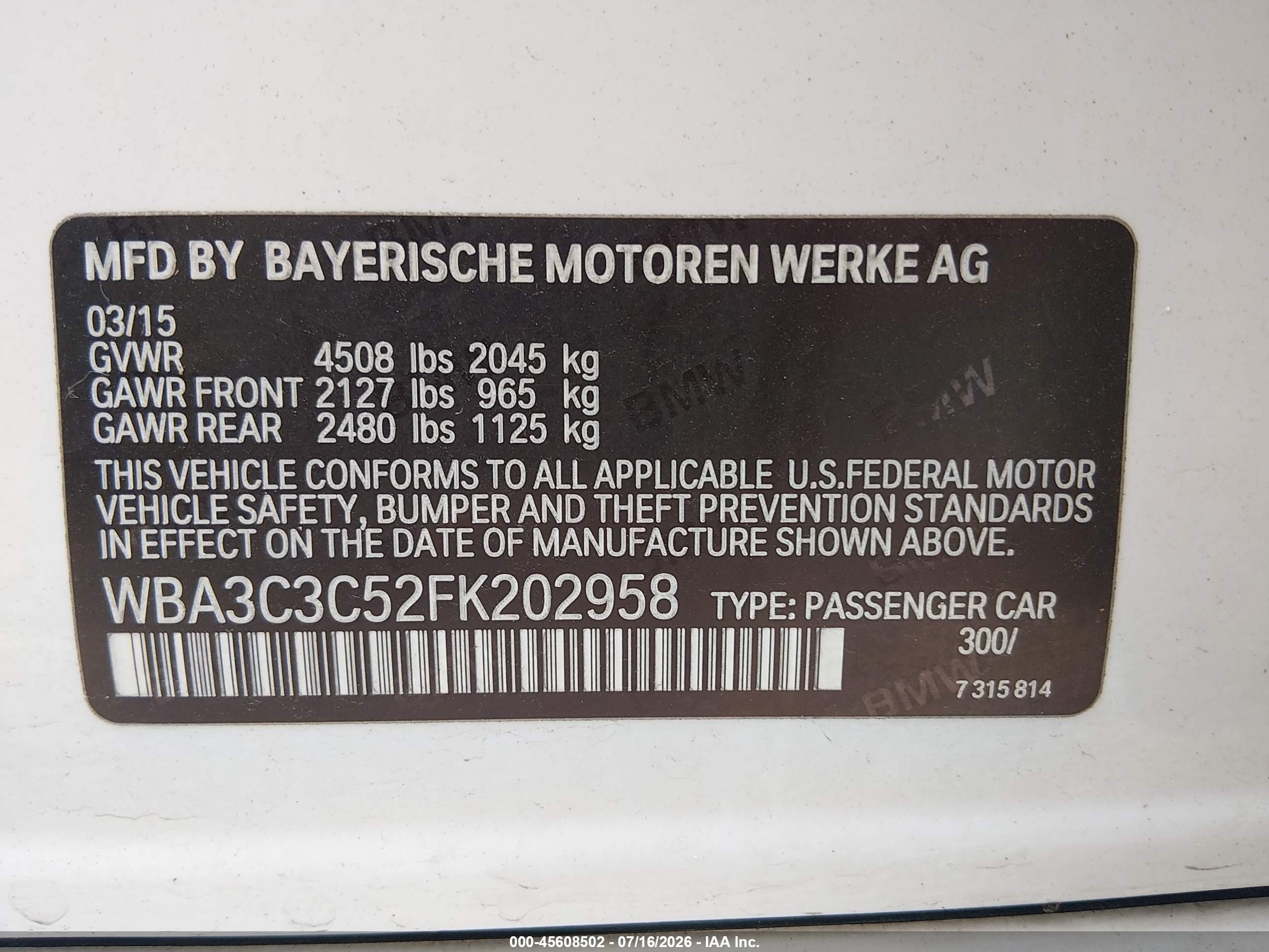 2015 Bmw 320i Xdrive White vin: WBA3C3C52FK202958