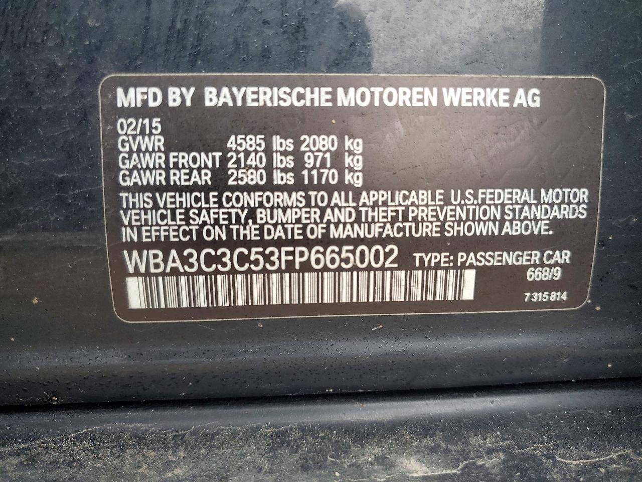 2015 Bmw 320 I Xdrive Black vin: WBA3C3C53FP665002