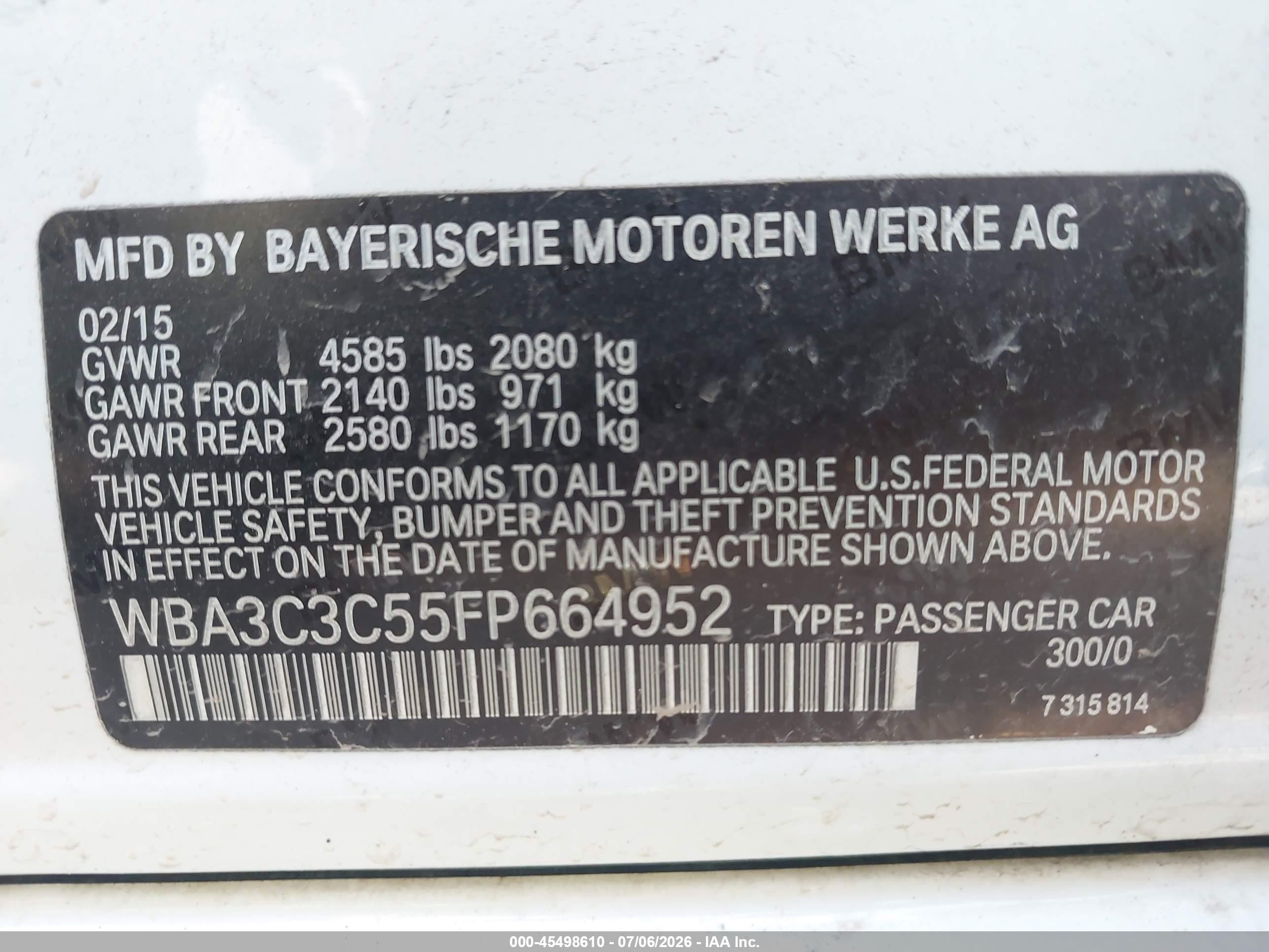 2015 Bmw 320i Xdrive White vin: WBA3C3C55FP664952
