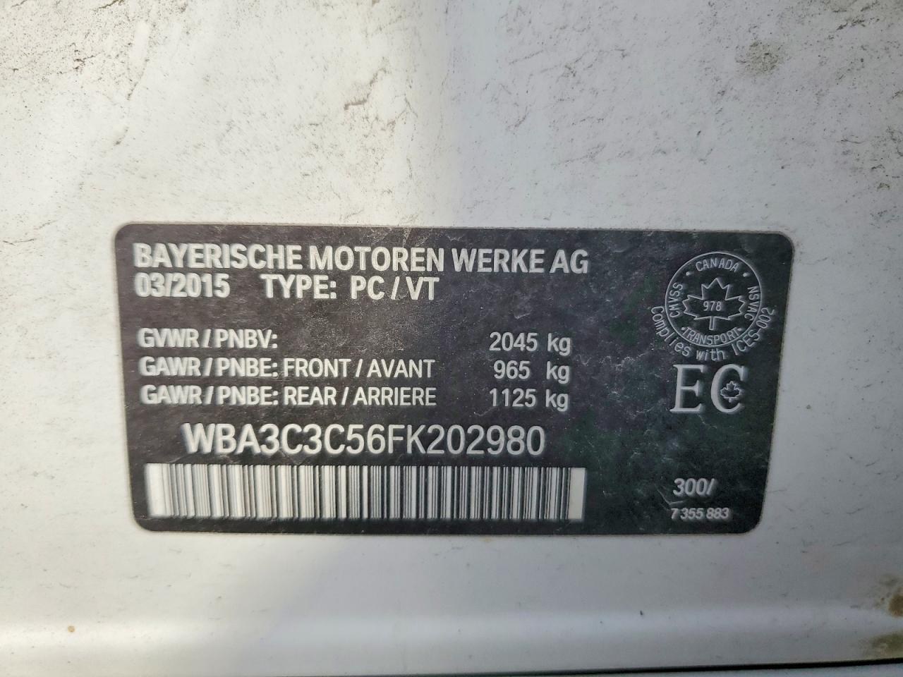 2015 Bmw 320 I Xdrive Белый vin: WBA3C3C56FK202980