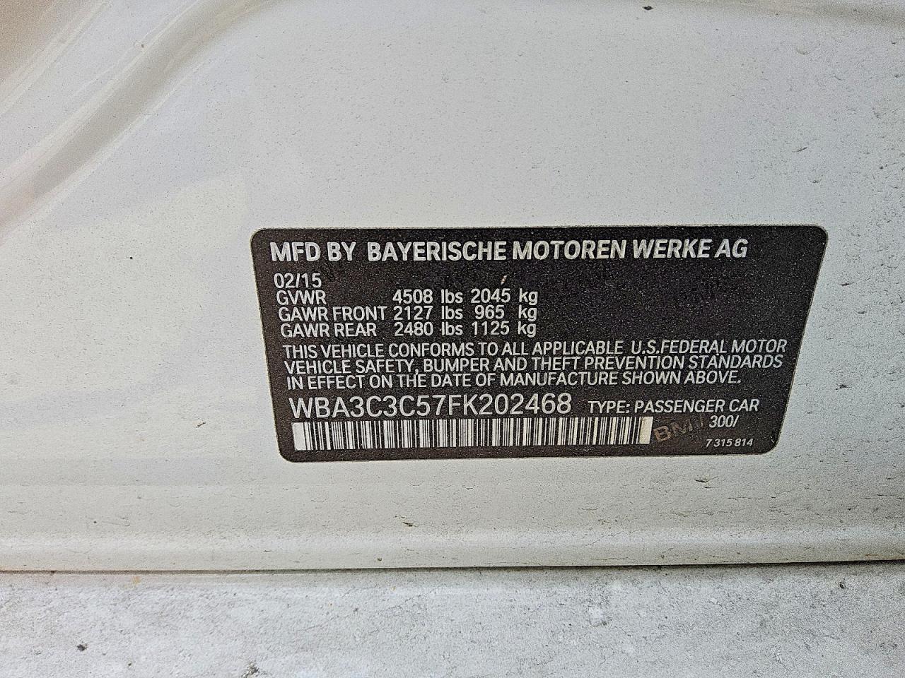 2015 Bmw 320 I Xdrive White vin: WBA3C3C57FK202468