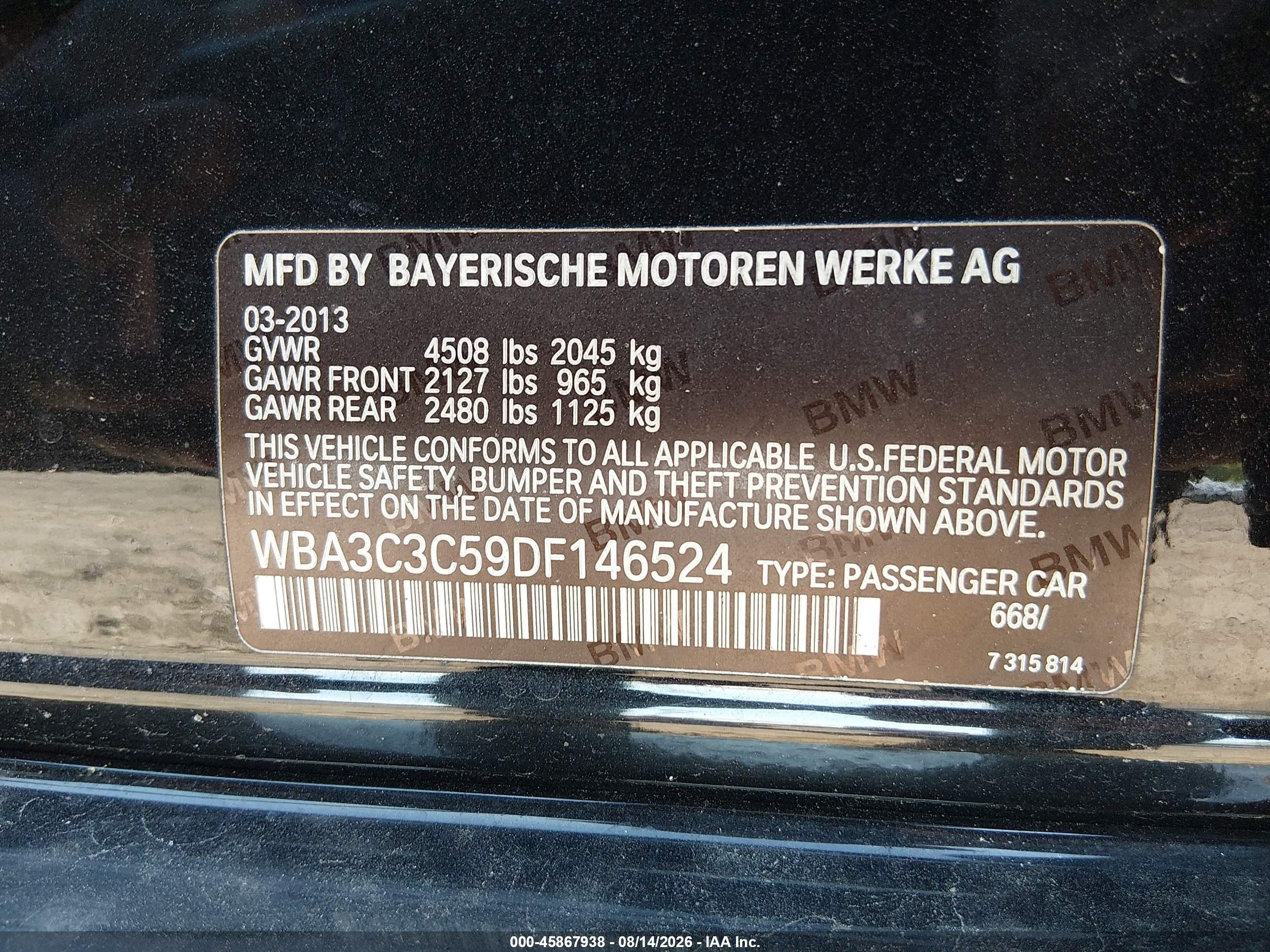 2013 Bmw 320i Xdrive Black vin: WBA3C3C59DF146524