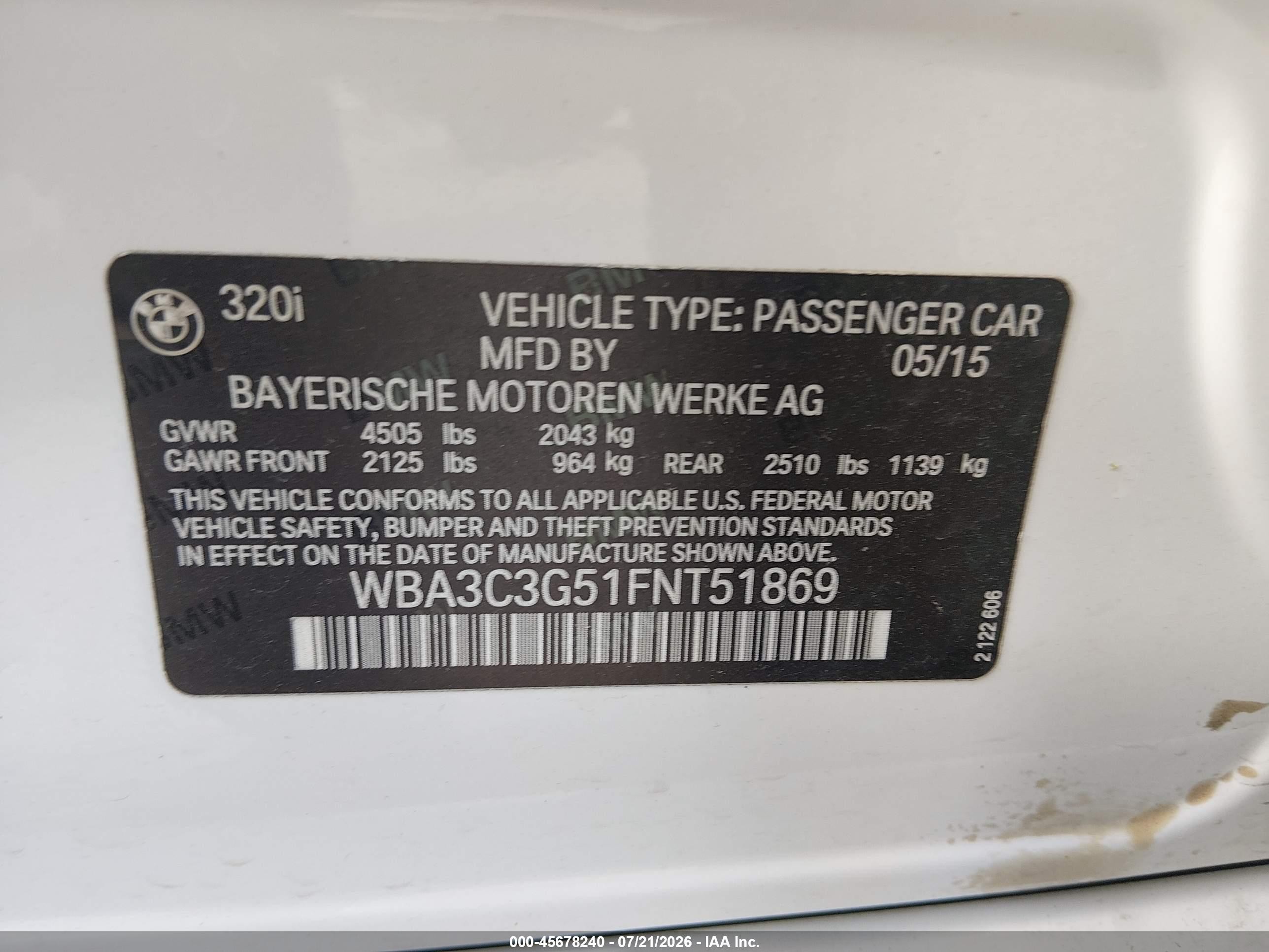 2015 Bmw 320i Xdrive White vin: WBA3C3G51FNT51869