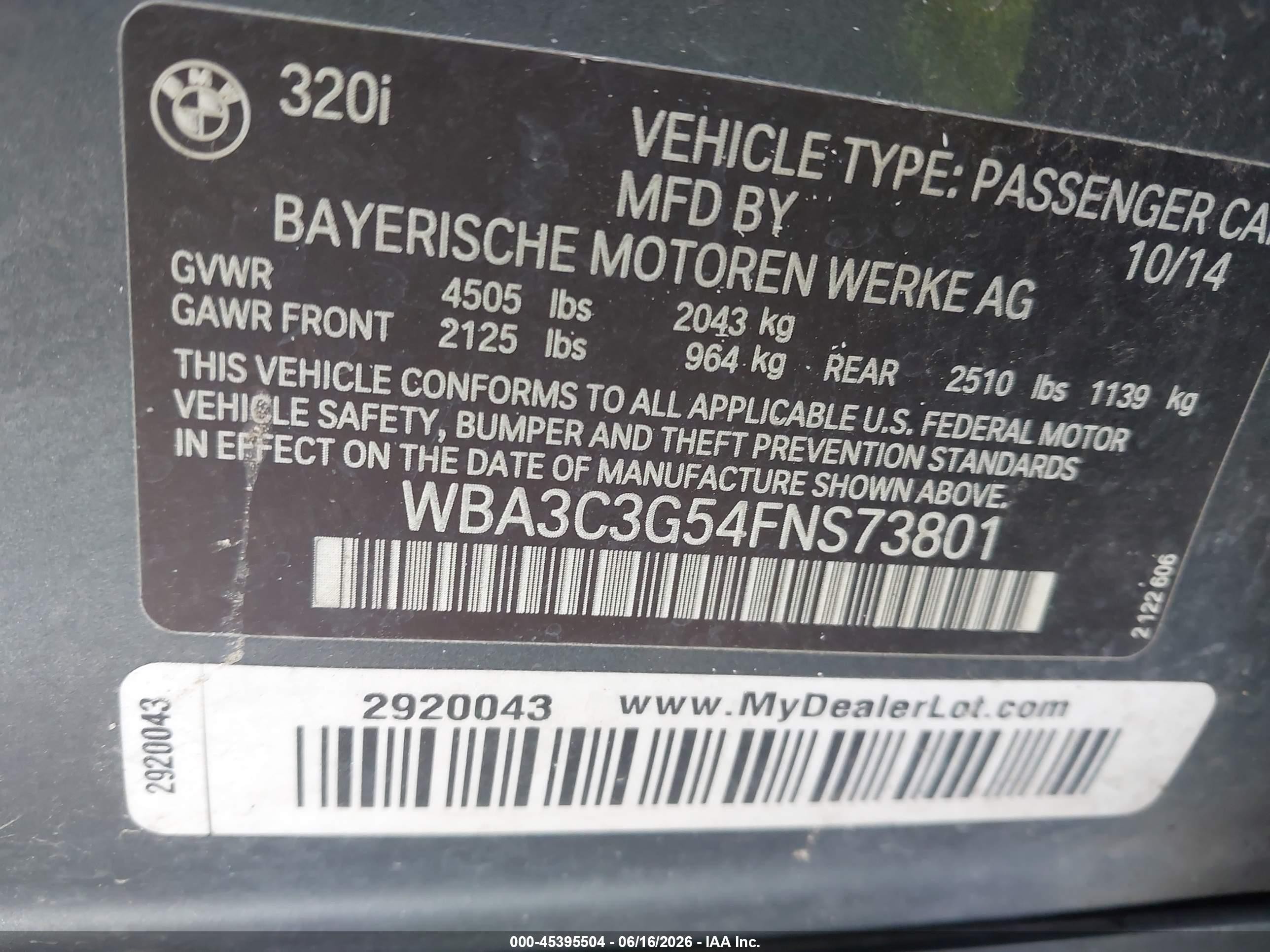 2015 Bmw 320i Xdrive Black vin: WBA3C3G54FNS73801
