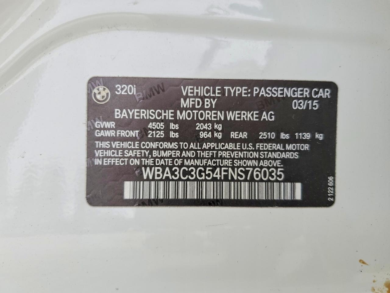 2015 Bmw 320 I Xdrive White vin: WBA3C3G54FNS76035