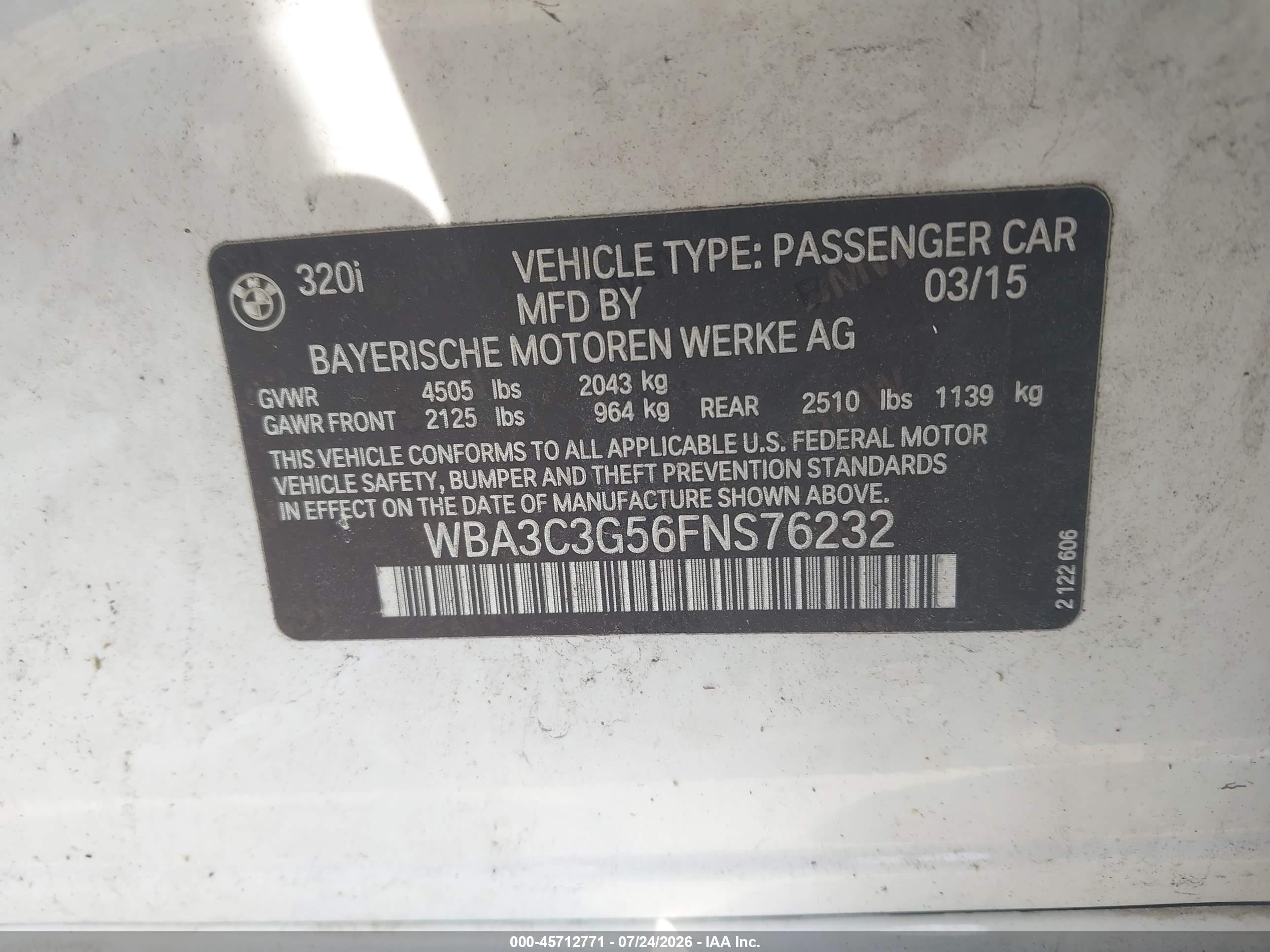 2015 Bmw 320i Xdrive White vin: WBA3C3G56FNS76232