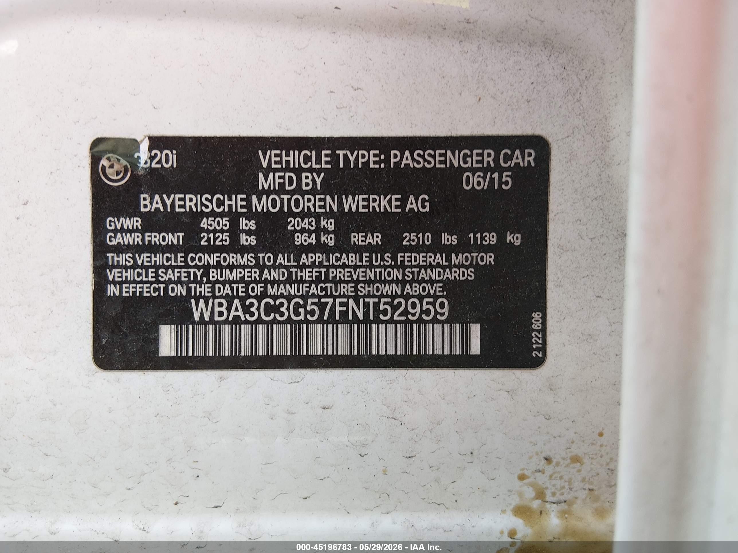 2015 Bmw 320i Xdrive White vin: WBA3C3G57FNT52959