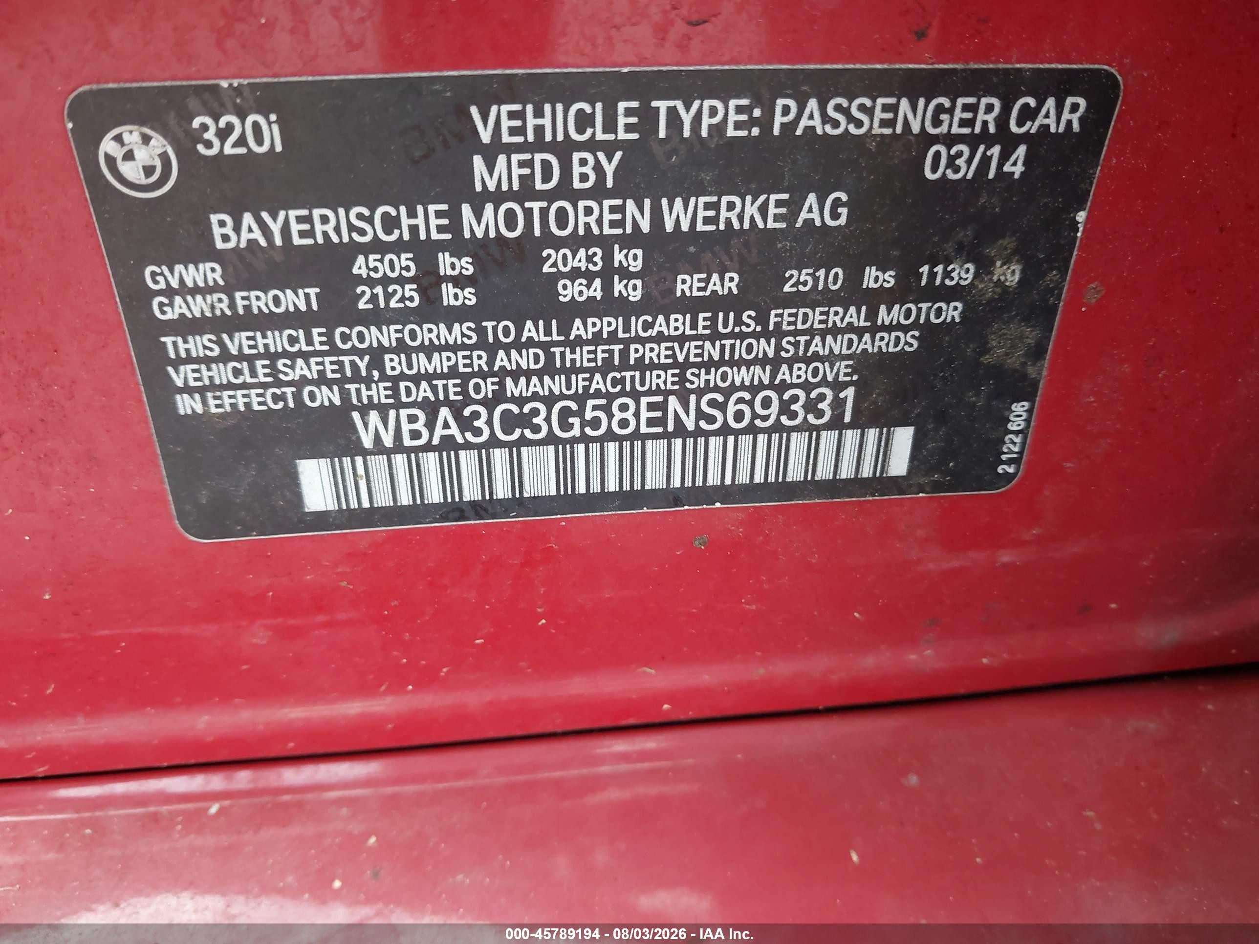 2014 Bmw 320i Xdrive Red vin: WBA3C3G58ENS69331