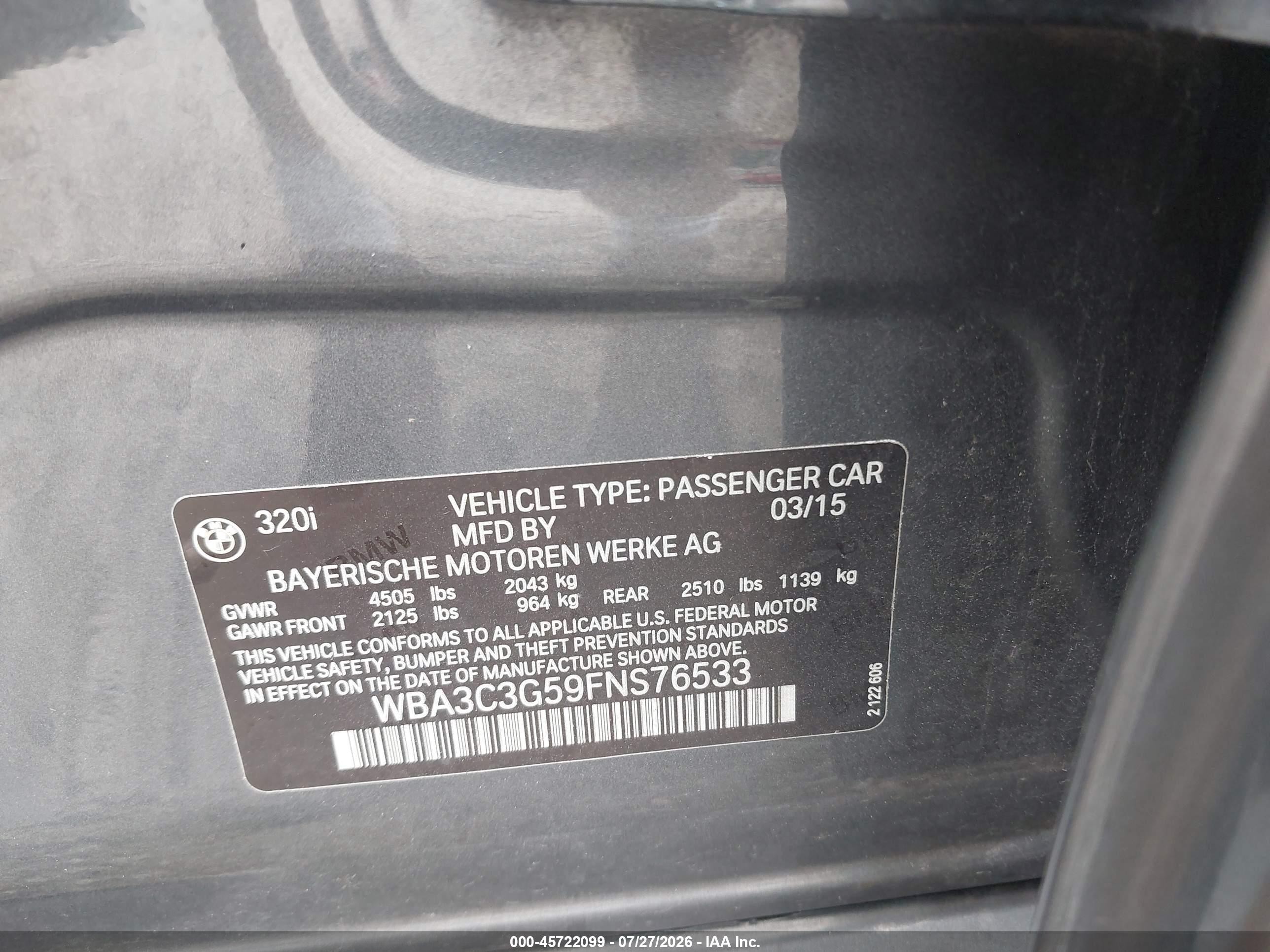 2015 Bmw 320i Xdrive Gray vin: WBA3C3G59FNS76533
