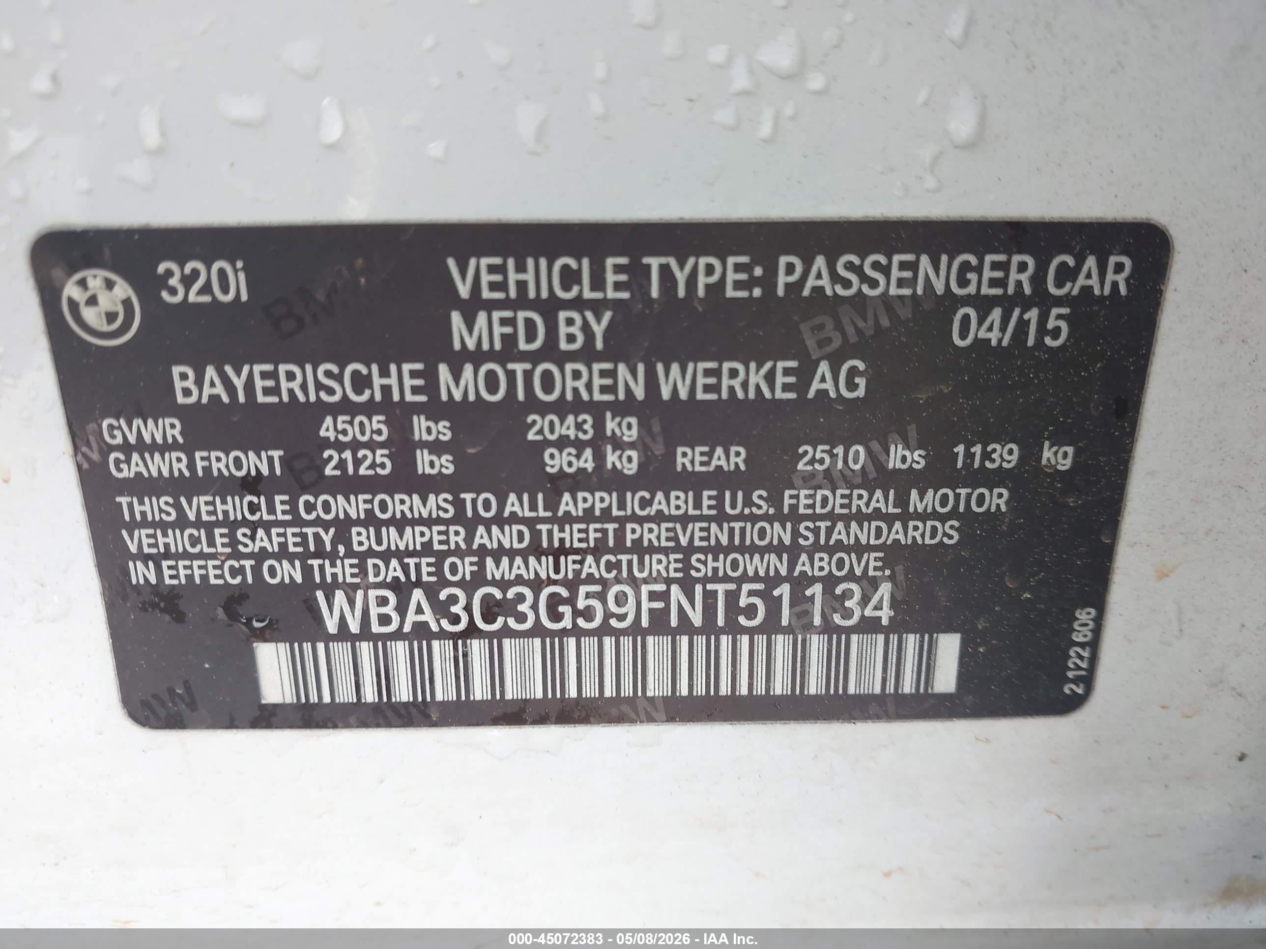 2015 Bmw 320i Xdrive White vin: WBA3C3G59FNT51134
