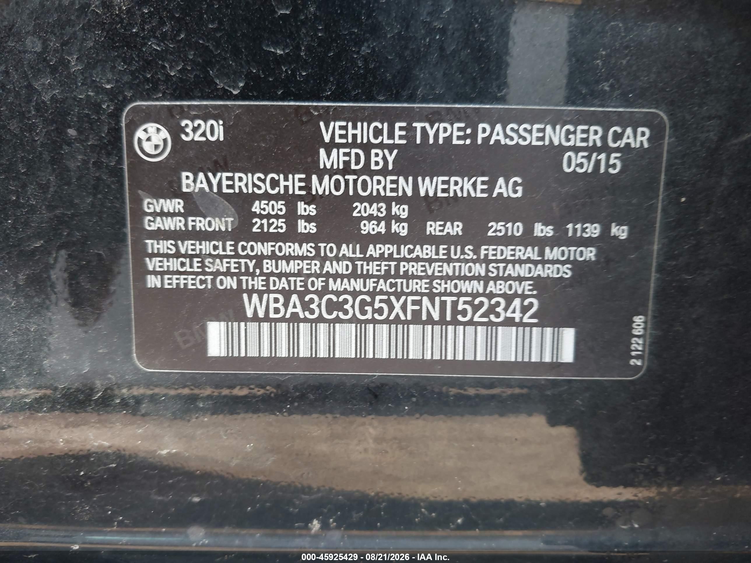 2015 Bmw 320i Xdrive Black vin: WBA3C3G5XFNT52342