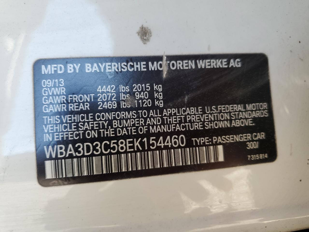 2014 Bmw 328 White vin: WBA3D3C58EK154460