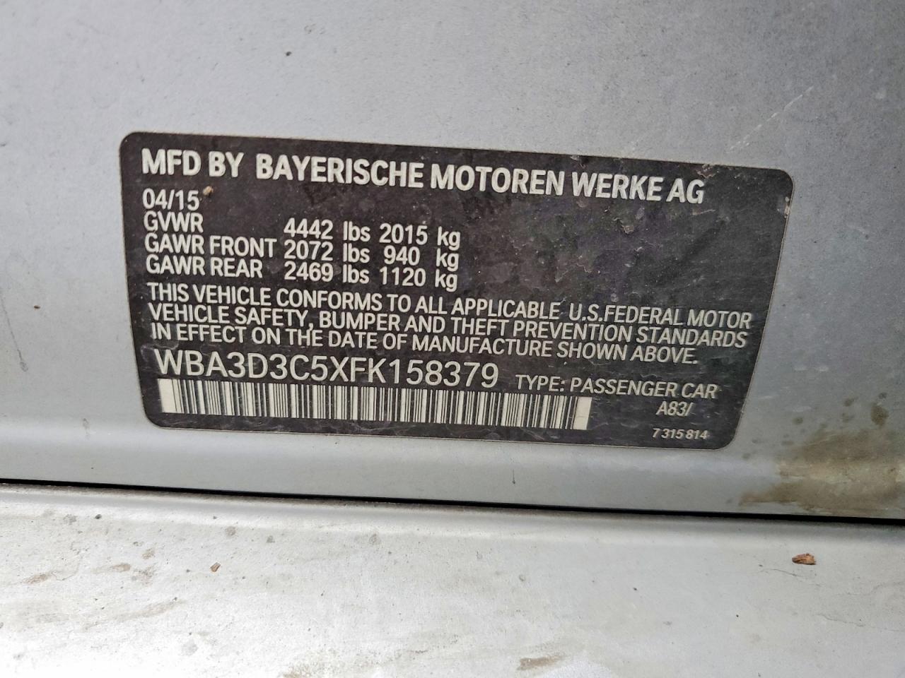 2015 Bmw 328 D Серебряный vin: WBA3D3C5XFK158379