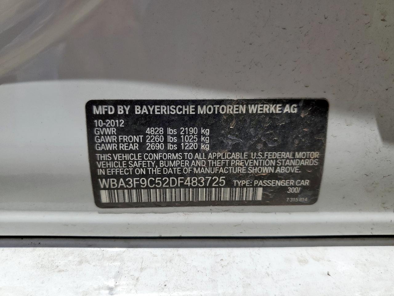 2013 Bmw Activehybrid 3 White vin: WBA3F9C52DF483725