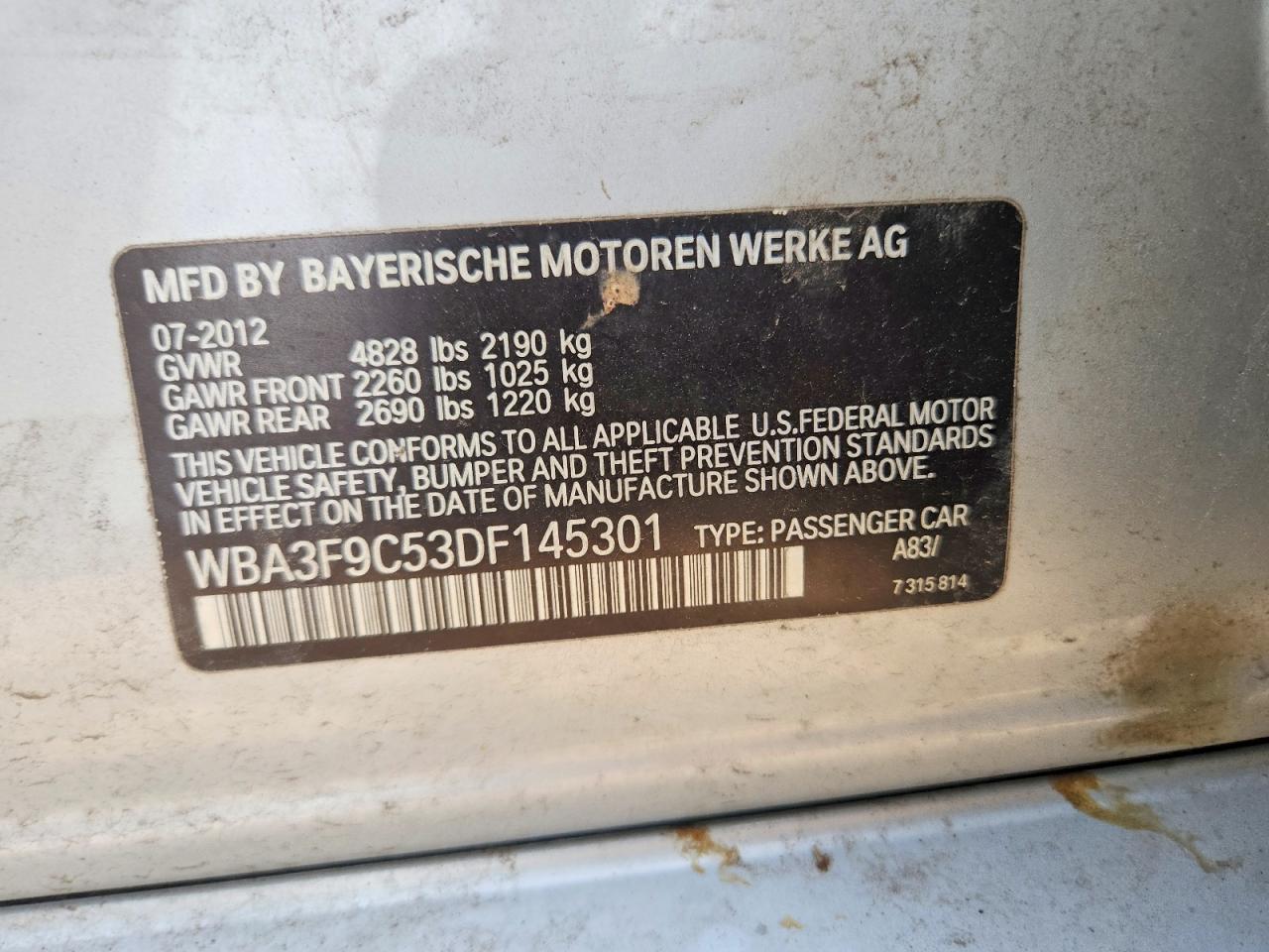 2013 Bmw Activehybrid 3 Silver vin: WBA3F9C53DF145301