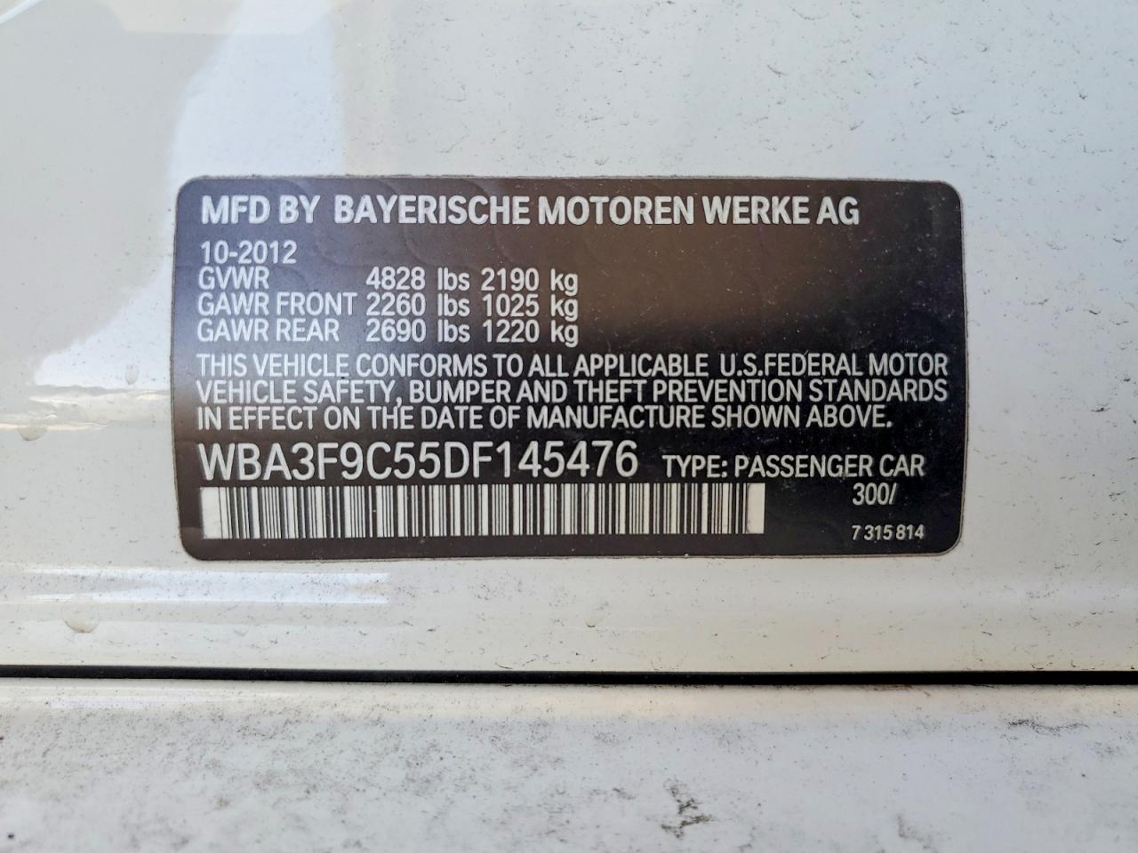 2013 Bmw Activehybrid 3 White vin: WBA3F9C55DF145476