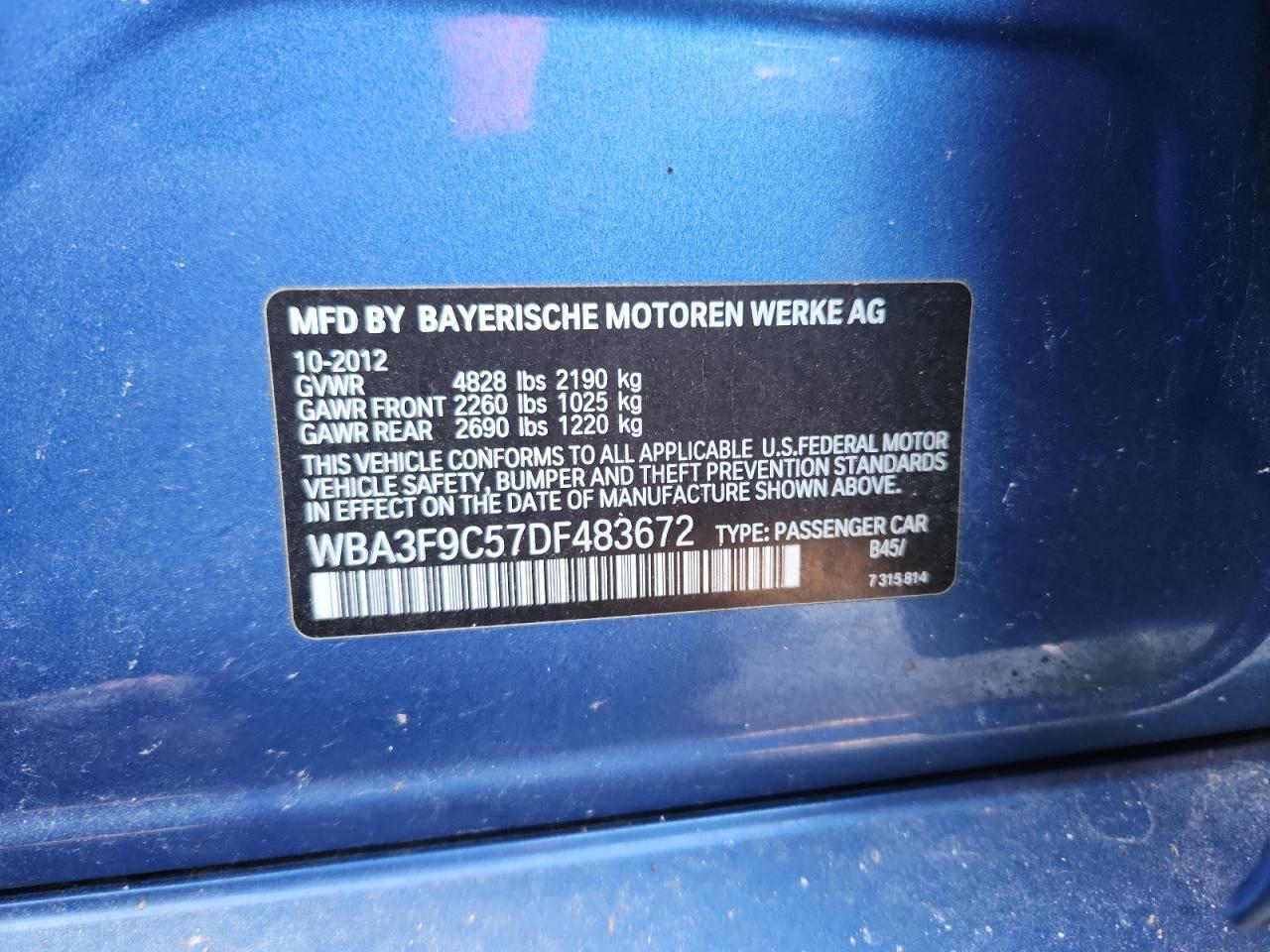 2013 Bmw Activehybrid 3 Blue vin: WBA3F9C57DF483672