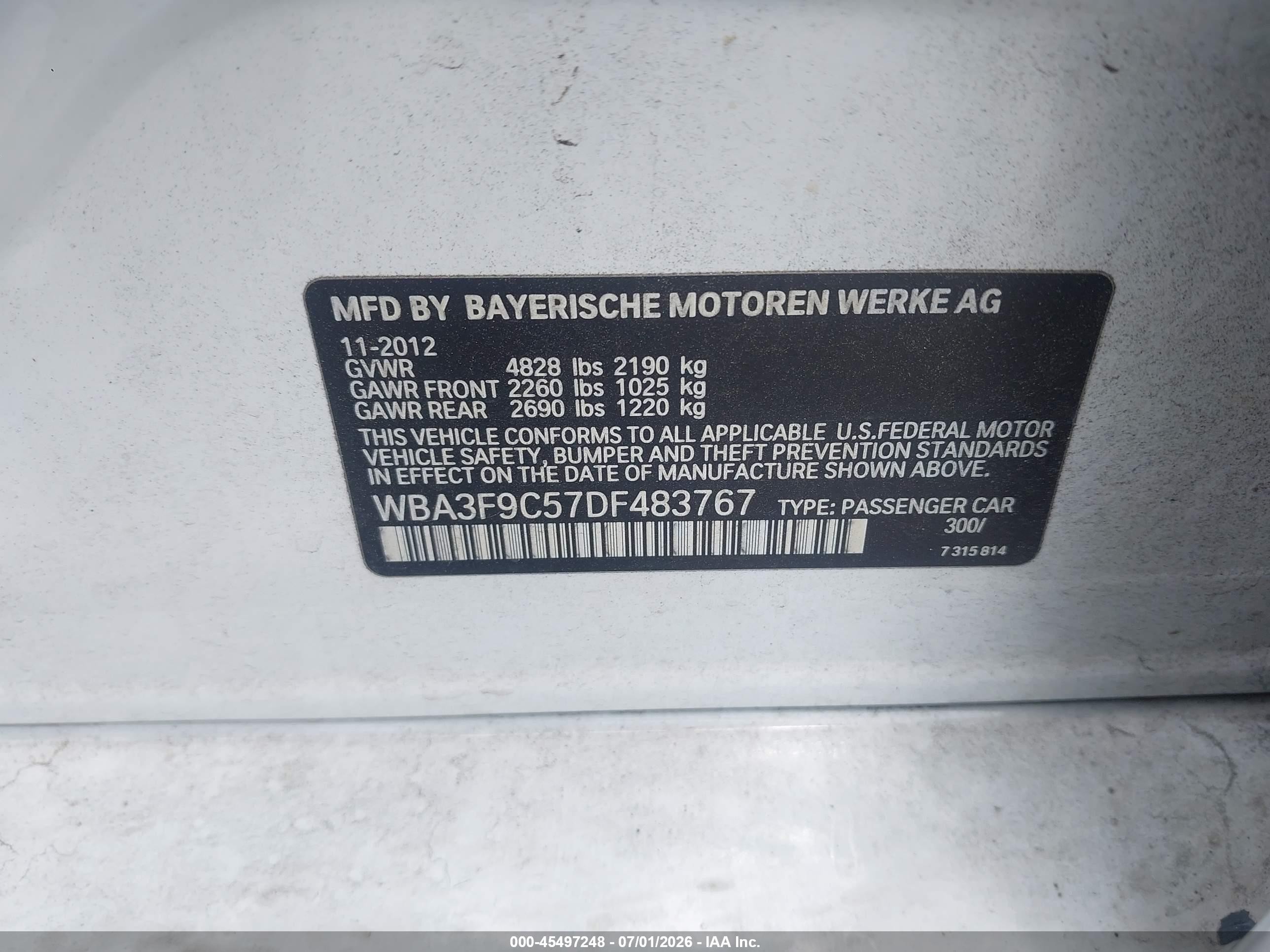 2013 Bmw Activehybrid 3   White vin: WBA3F9C57DF483767