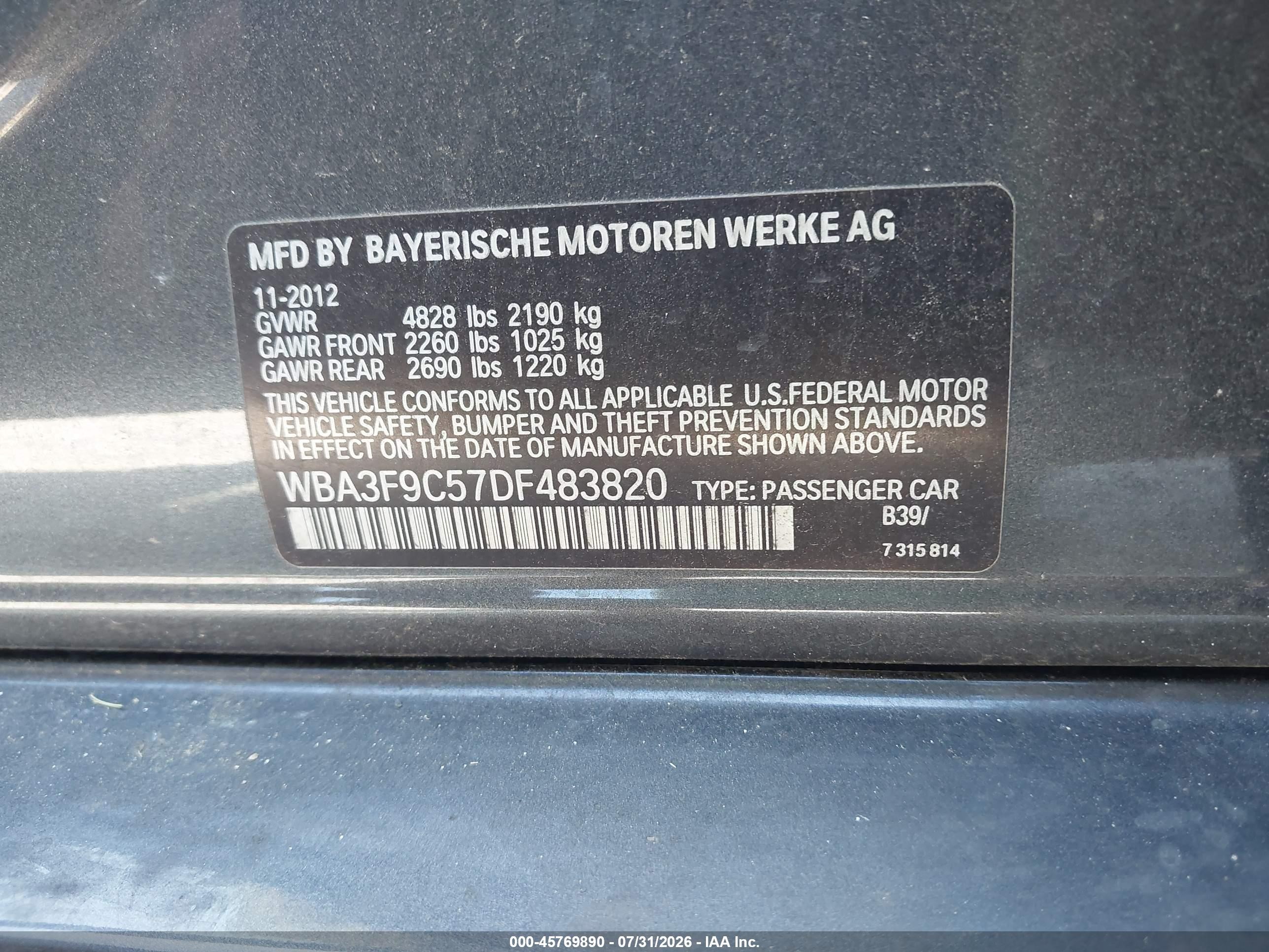 2013 Bmw Activehybrid 3 Серый vin: WBA3F9C57DF483820