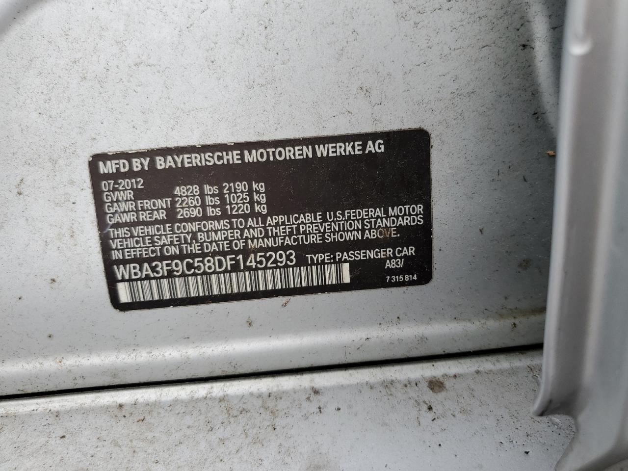 2013 Bmw Activehybrid 3 Серебряный vin: WBA3F9C58DF145293