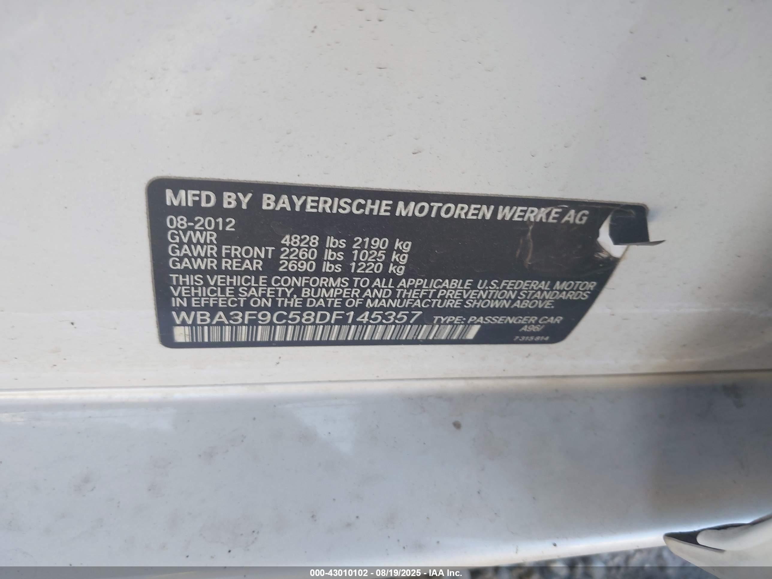 2013 Bmw Activehybrid 3   Белый vin: WBA3F9C58DF145357